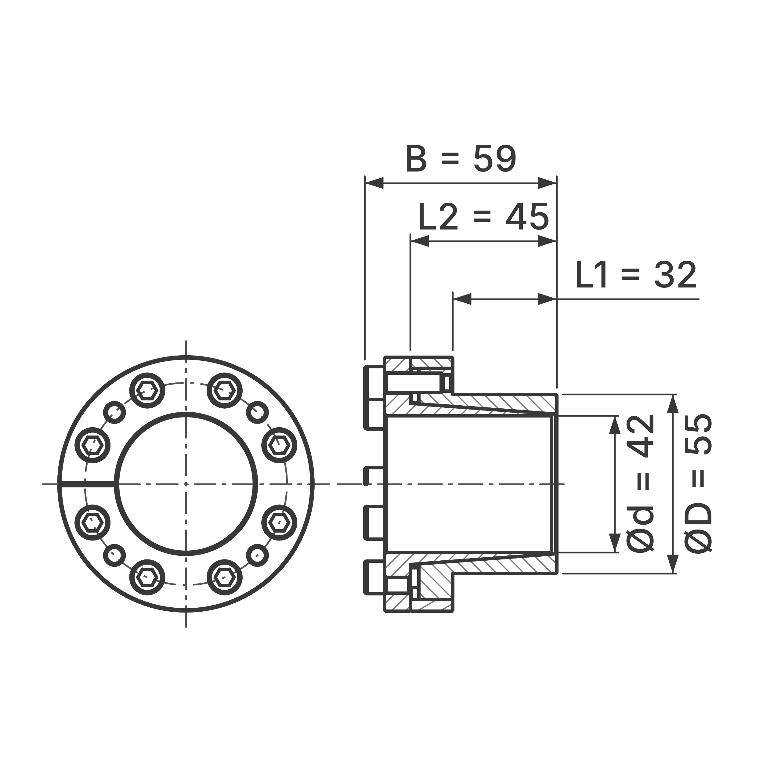 Maßskizze Spannsatz STW27SS-42x55 Edelstahl: Wellen-Ø d, Außen-Ø D, L1, L2, B in mm, schematisch
