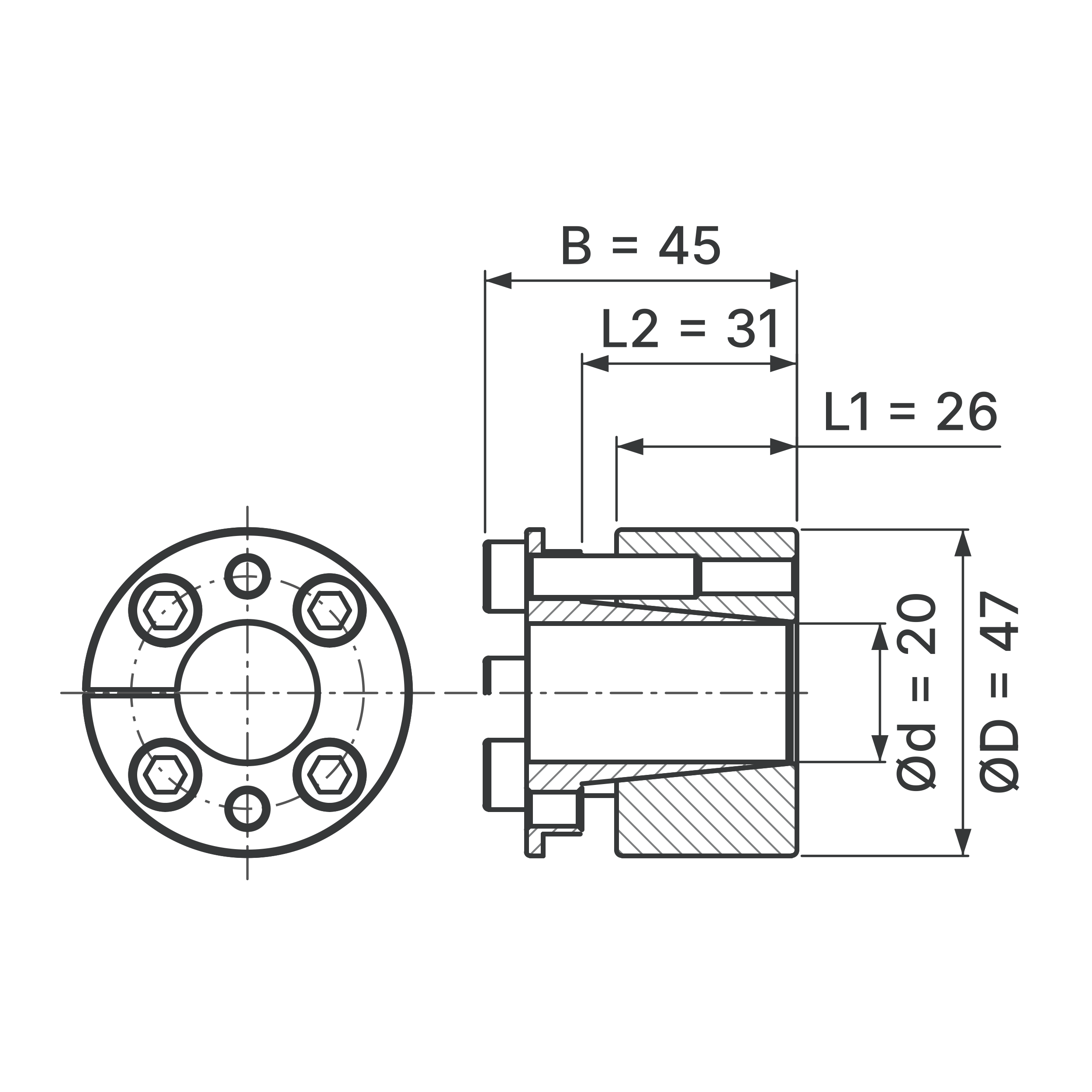 Maßskizze Spannsatz STW26-20x47: Wellen-Ø d, Außen-Ø D, L1, L2, B in mm, schematisch