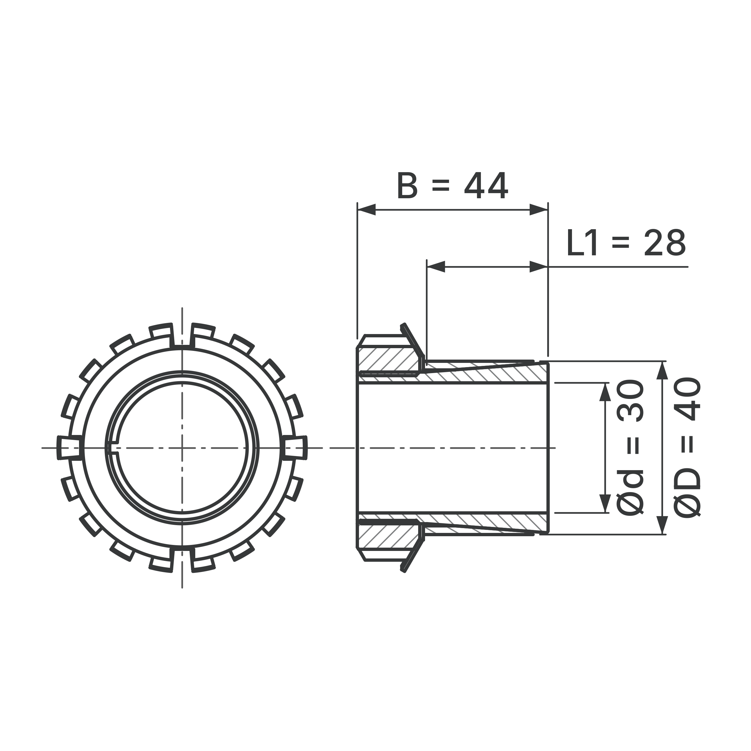 Maßskizze Spannsatz STW76-30x40: Wellen-Ø d, Außen-Ø D, L1, B in mm, schematisch