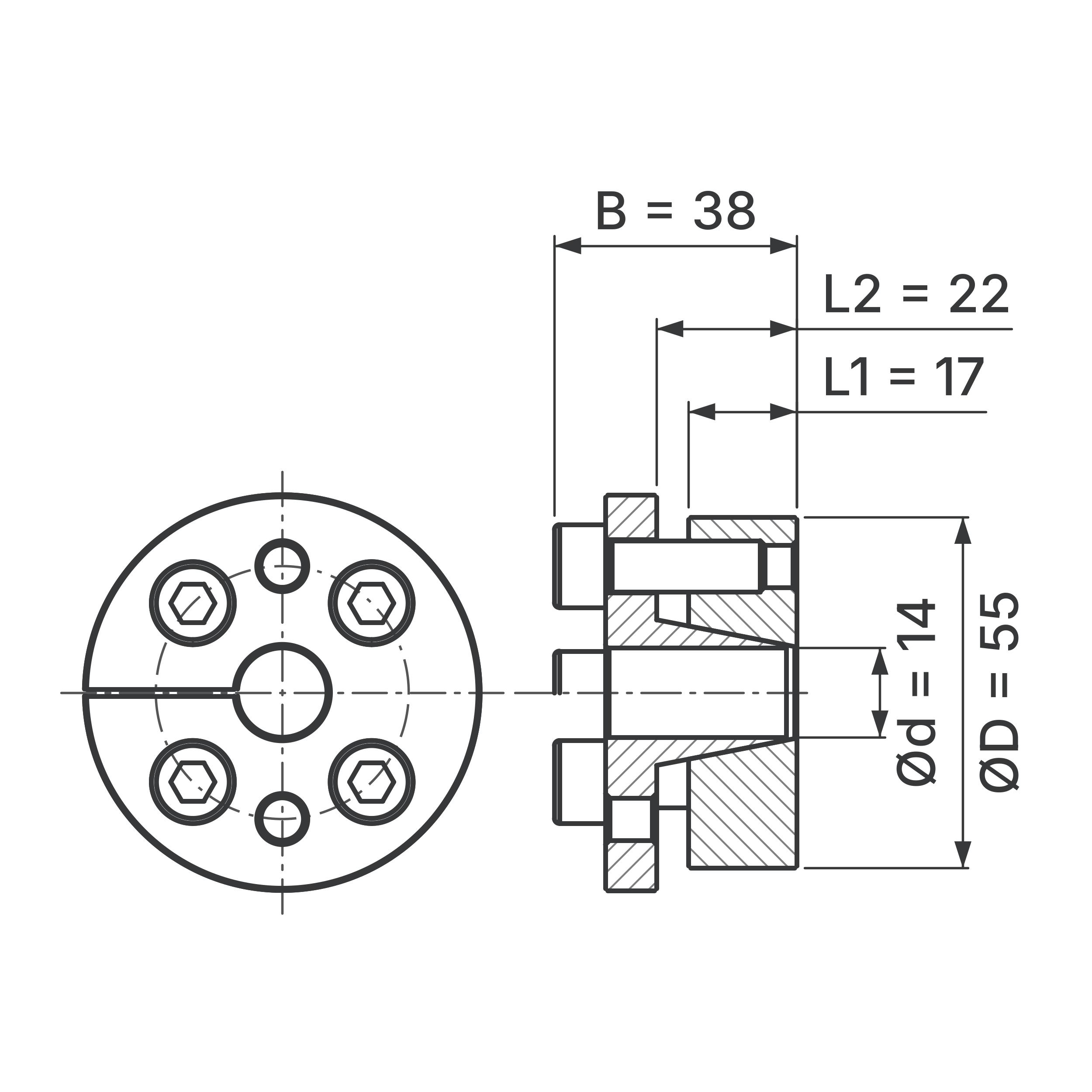 Maßskizze Spannsatz STW31-14x55: Wellen-Ø d, Außen-Ø D, L1, L2, B in mm, schematisch