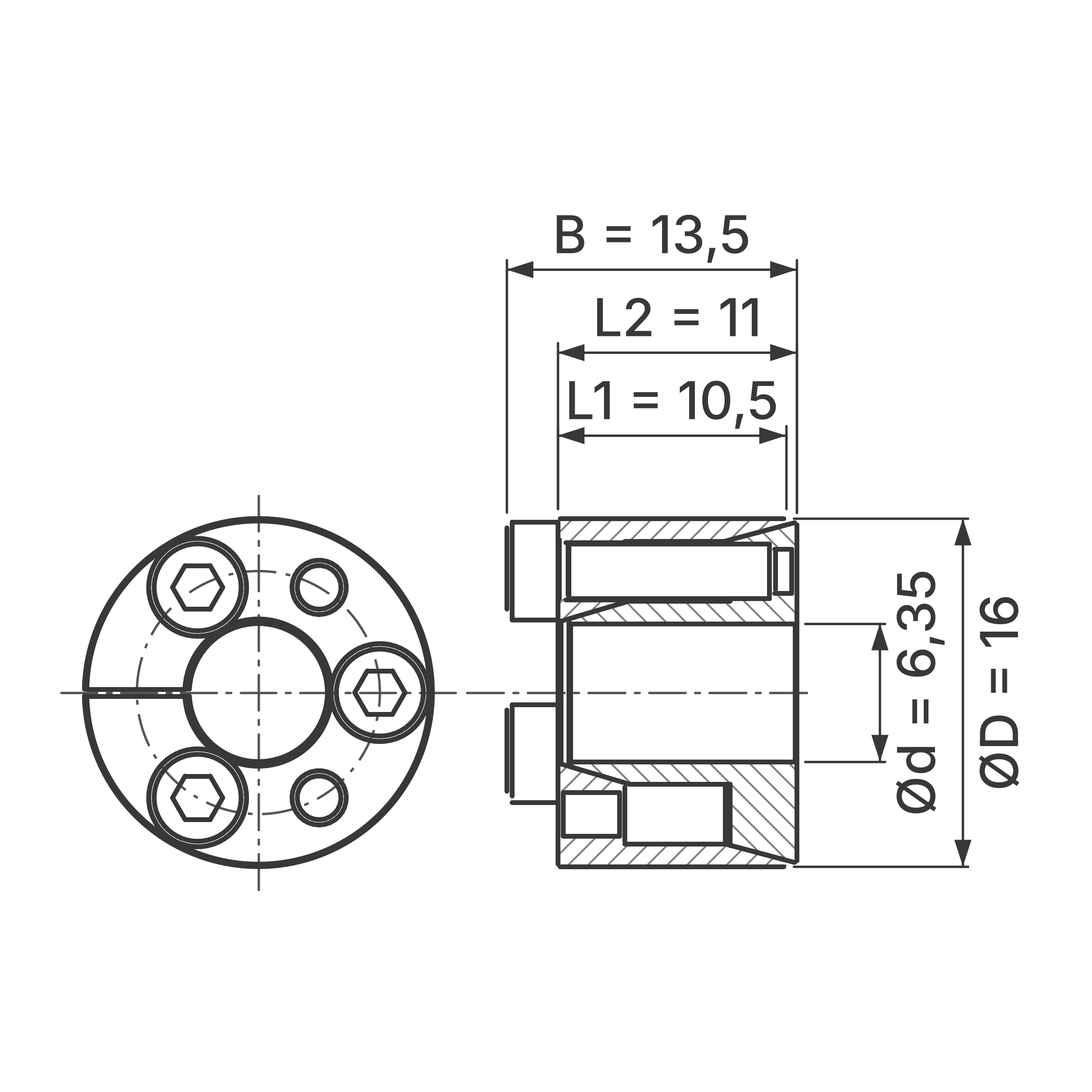 Maßskizze Spannsatz STW71-6.35x16: Wellen-Ø d, Außen-Ø D, L1, L2, B in mm, schematisch
