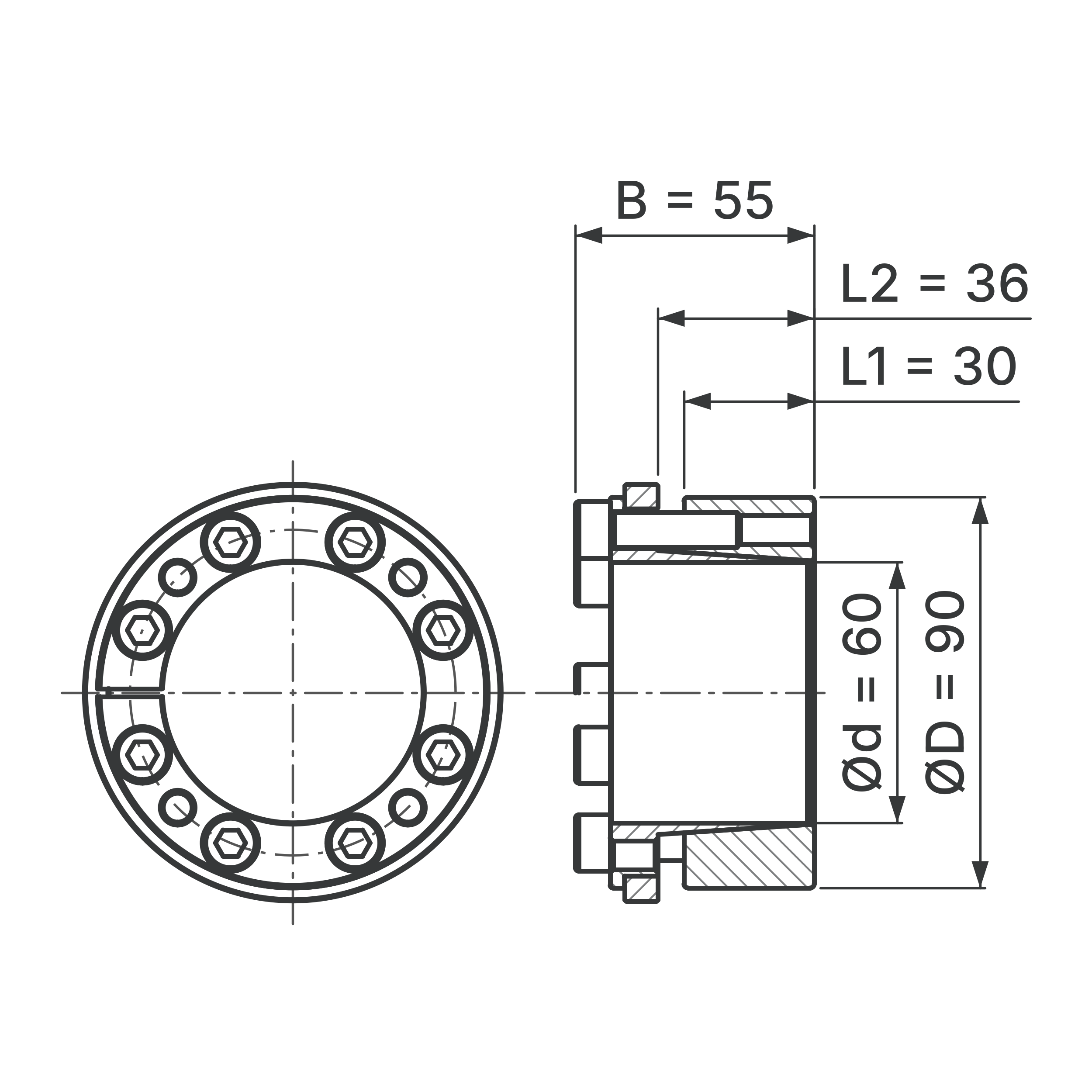Maßskizze Spannsatz STW73-60x90: Wellen-Ø d, Außen-Ø D, L1, L2, B in mm, schematisch