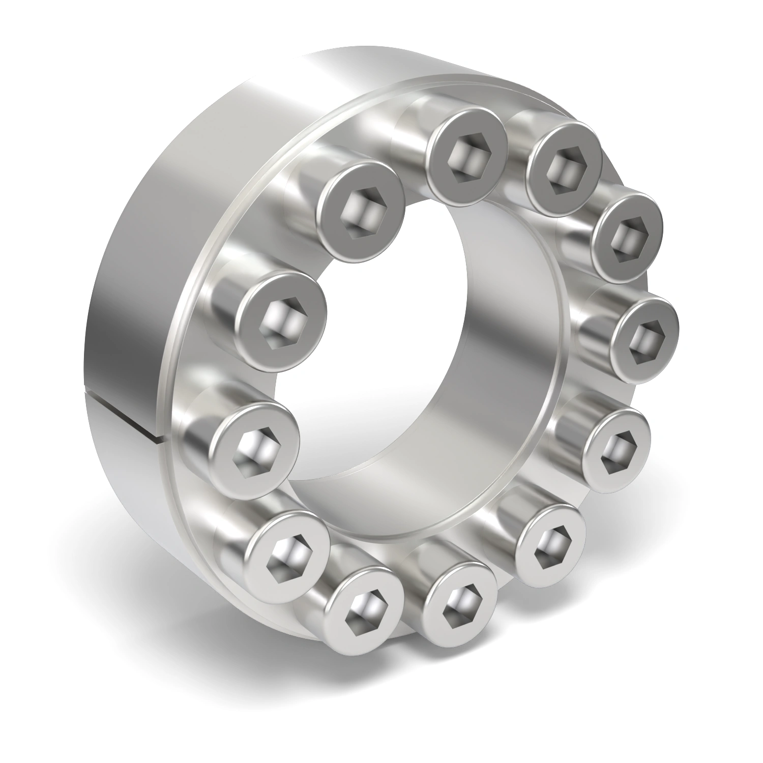 Spannsatz STW60SS-48x80 Edelstahl, Frontalansicht der Stirnseite mit 12 Spannschrauben