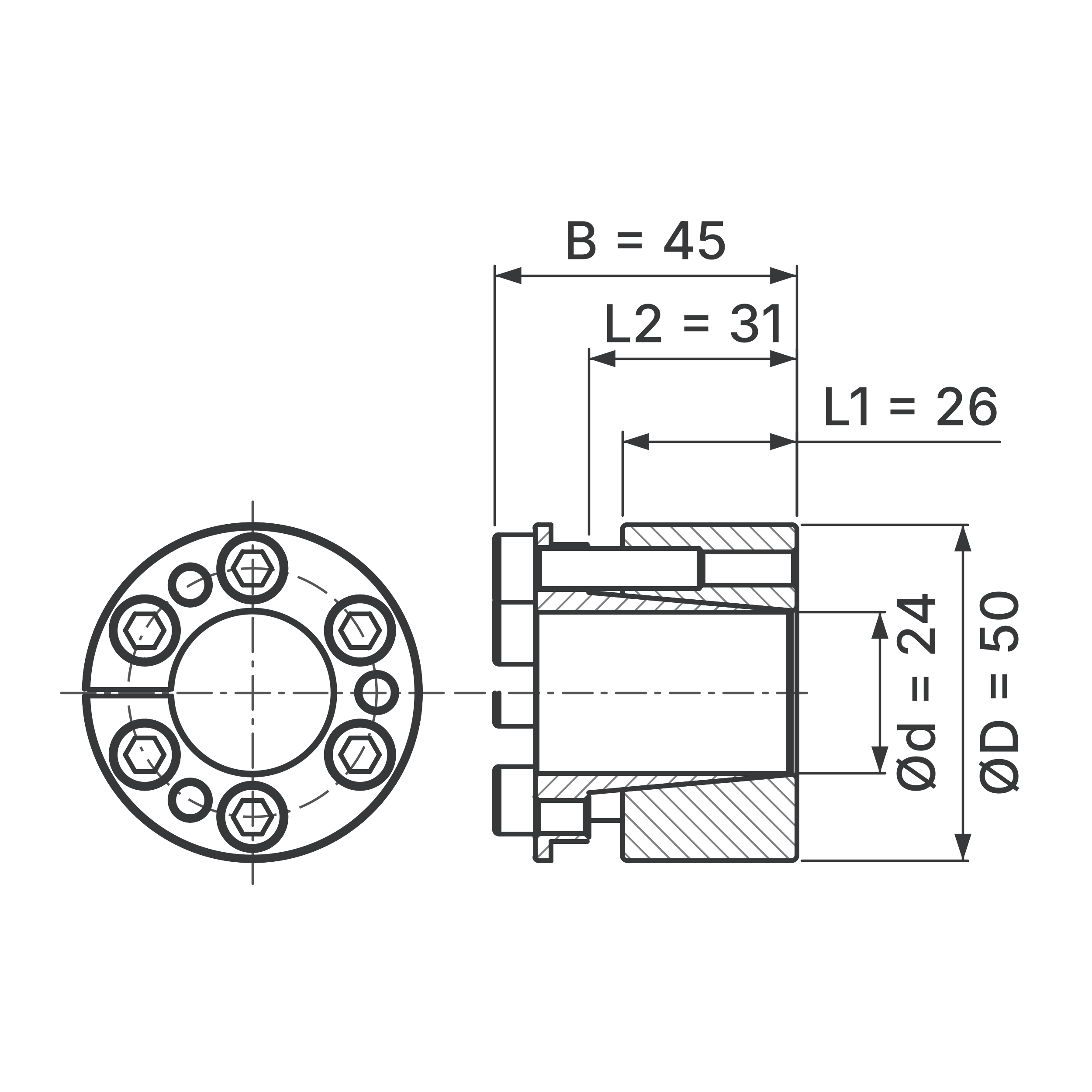 Maßskizze Spannsatz STW26-24x50: Wellen-Ø d, Außen-Ø D, L1, L2, B in mm, schematisch