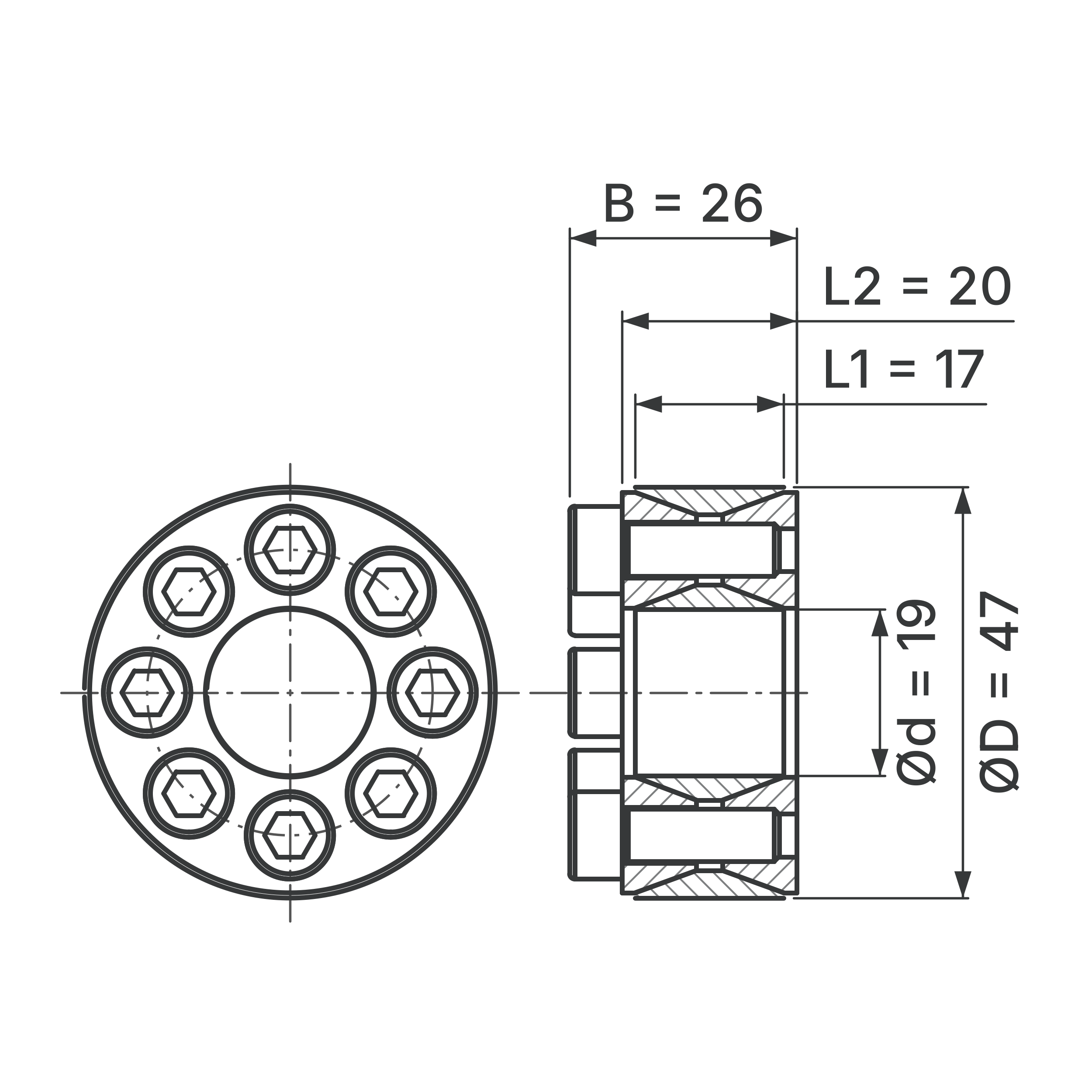 Maßskizze Spannsatz STW60-19x47: Wellen-Ø d, Außen-Ø D, L1, L2, B in mm, schematisch