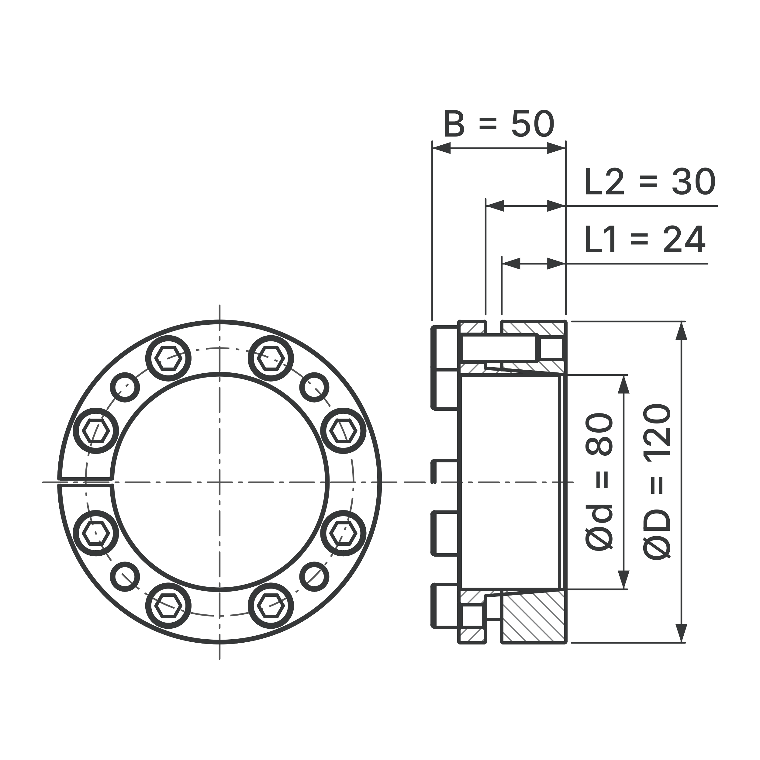 Maßskizze Spannsatz STW98-80x120: Wellen-Ø d, Außen-Ø D, L1, L2, B in mm, schematisch