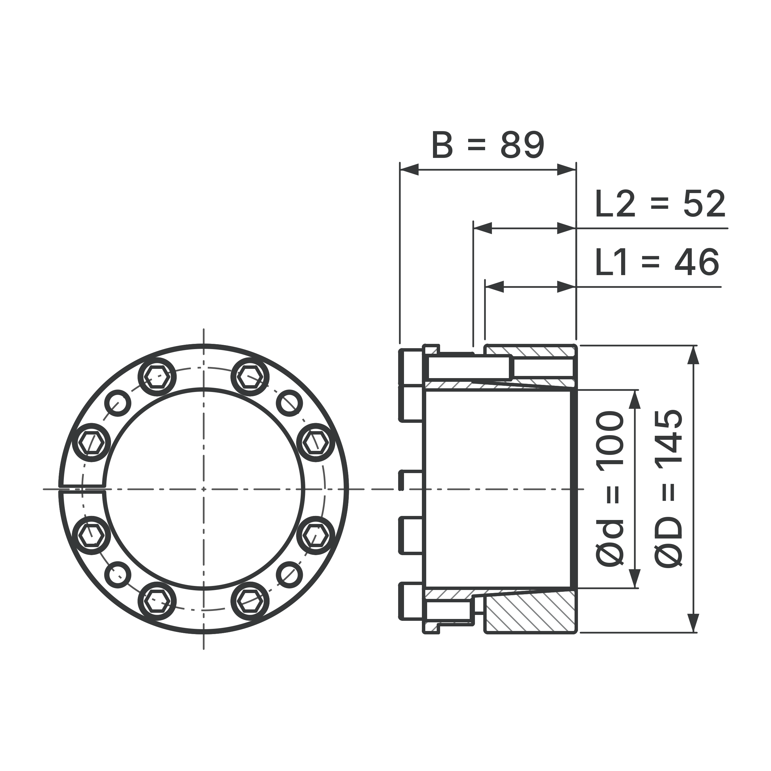 Maßskizze Spannsatz STW26-100x145: Wellen-Ø d, Außen-Ø D, L1, L2, B in mm, schematisch