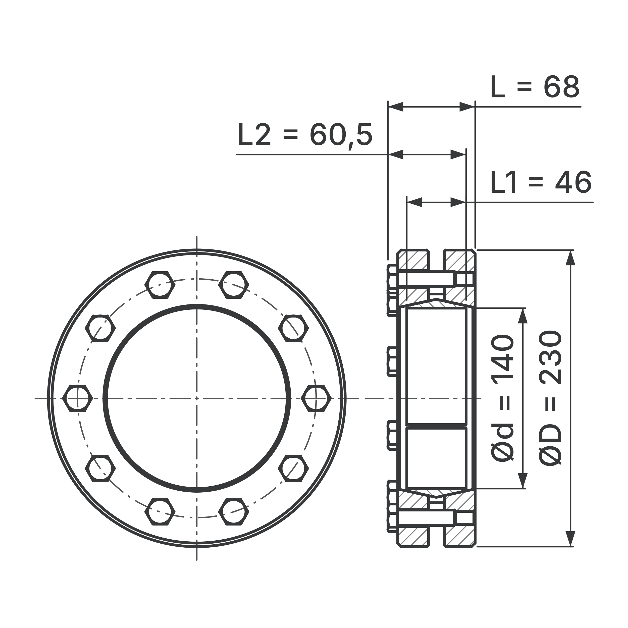 Maßskizze Schrumpfscheibe STW96-140x230: Bohrungs-Ø d, Außen-Ø D, L, L1, L2 in mm, schematisch