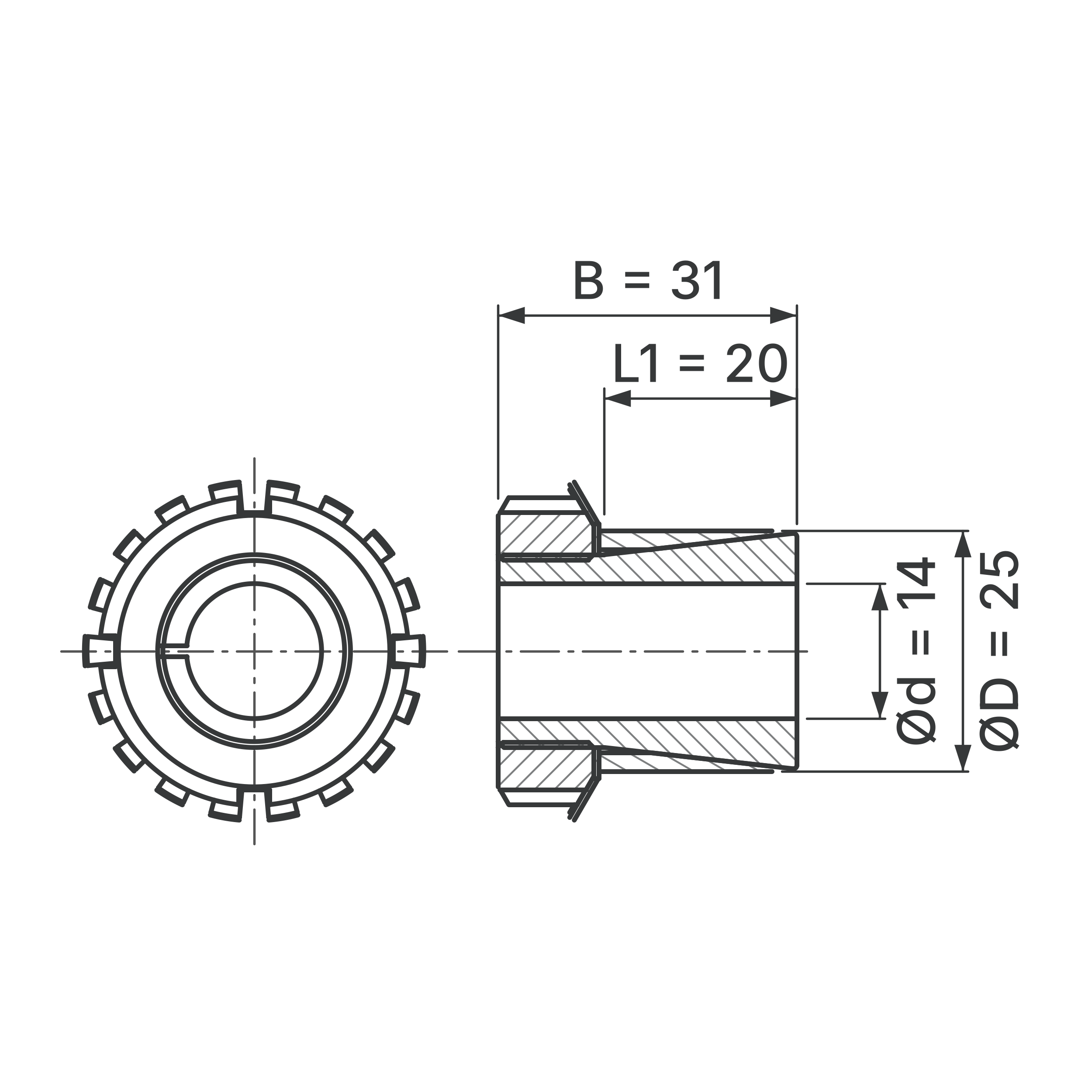 Maßskizze Spannsatz STW76-14x25: Wellen-Ø d, Außen-Ø D, L1, B in mm, schematisch