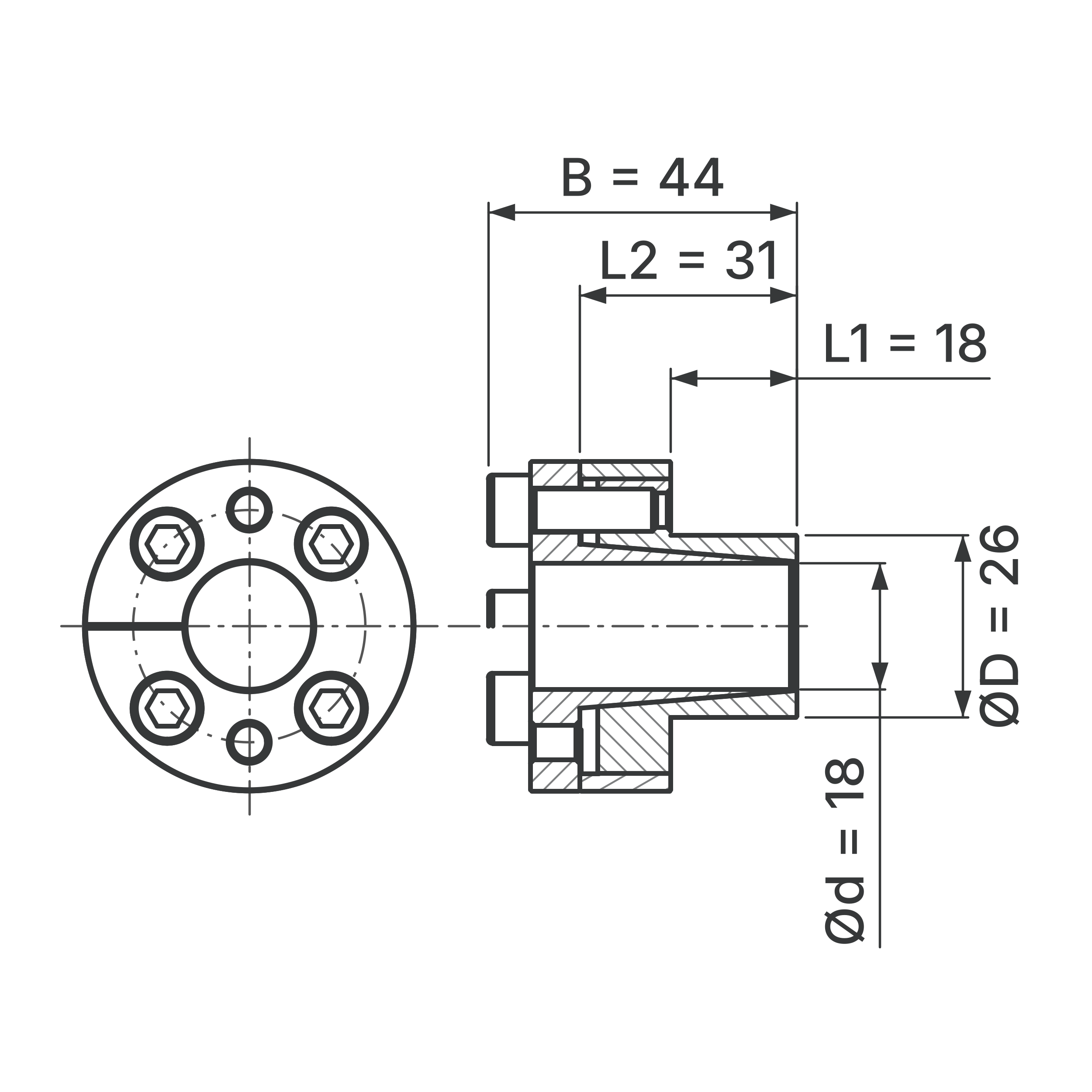Maßskizze Spannsatz STW27-18x26: Wellen-Ø d, Außen-Ø D, L1, L2, B in mm, schematisch