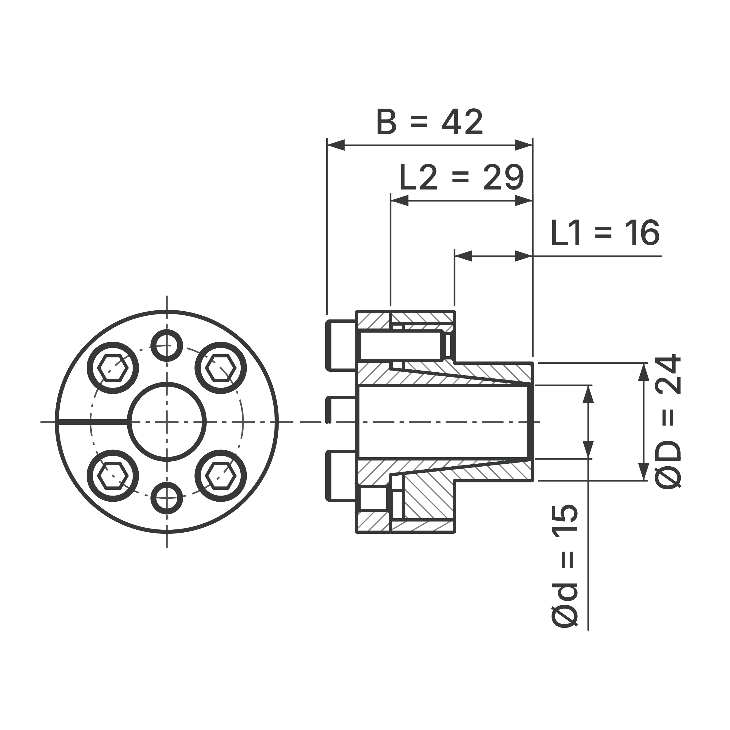Maßskizze Spannsatz STW27-15x24: Wellen-Ø d, Außen-Ø D, L1, L2, B in mm, schematisch
