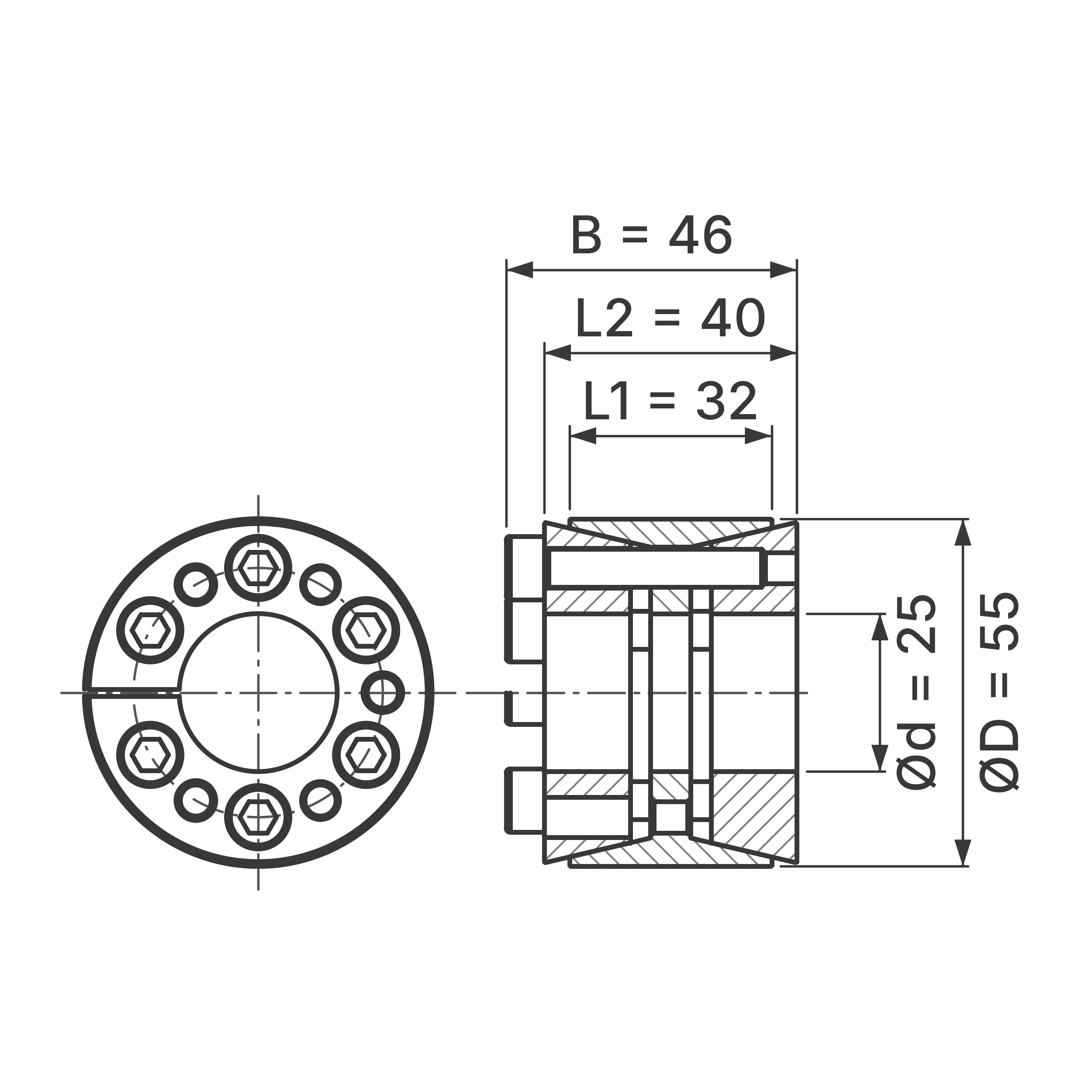 Maßskizze Spannsatz STW33-25x55: Wellen-Ø d, Außen-Ø D, L1, L2, B in mm, schematisch