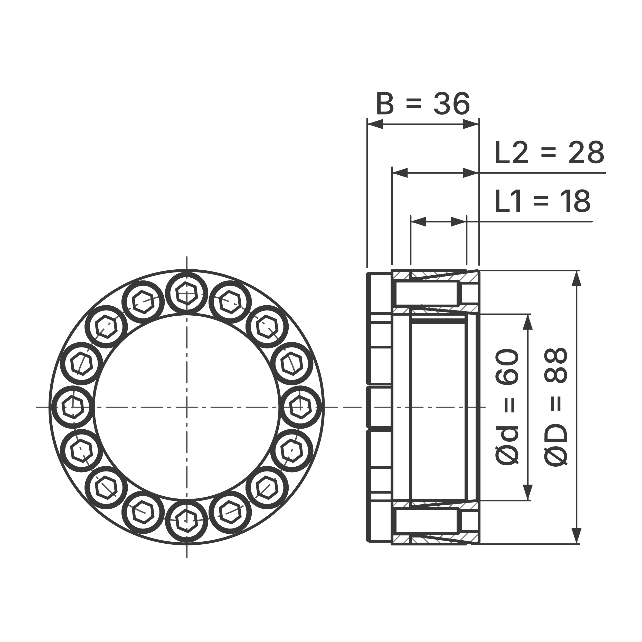Maßskizze Spannsatz STW29-60x88: Wellen-Ø d, Außen-Ø D, L1, L2, B in mm, schematisch