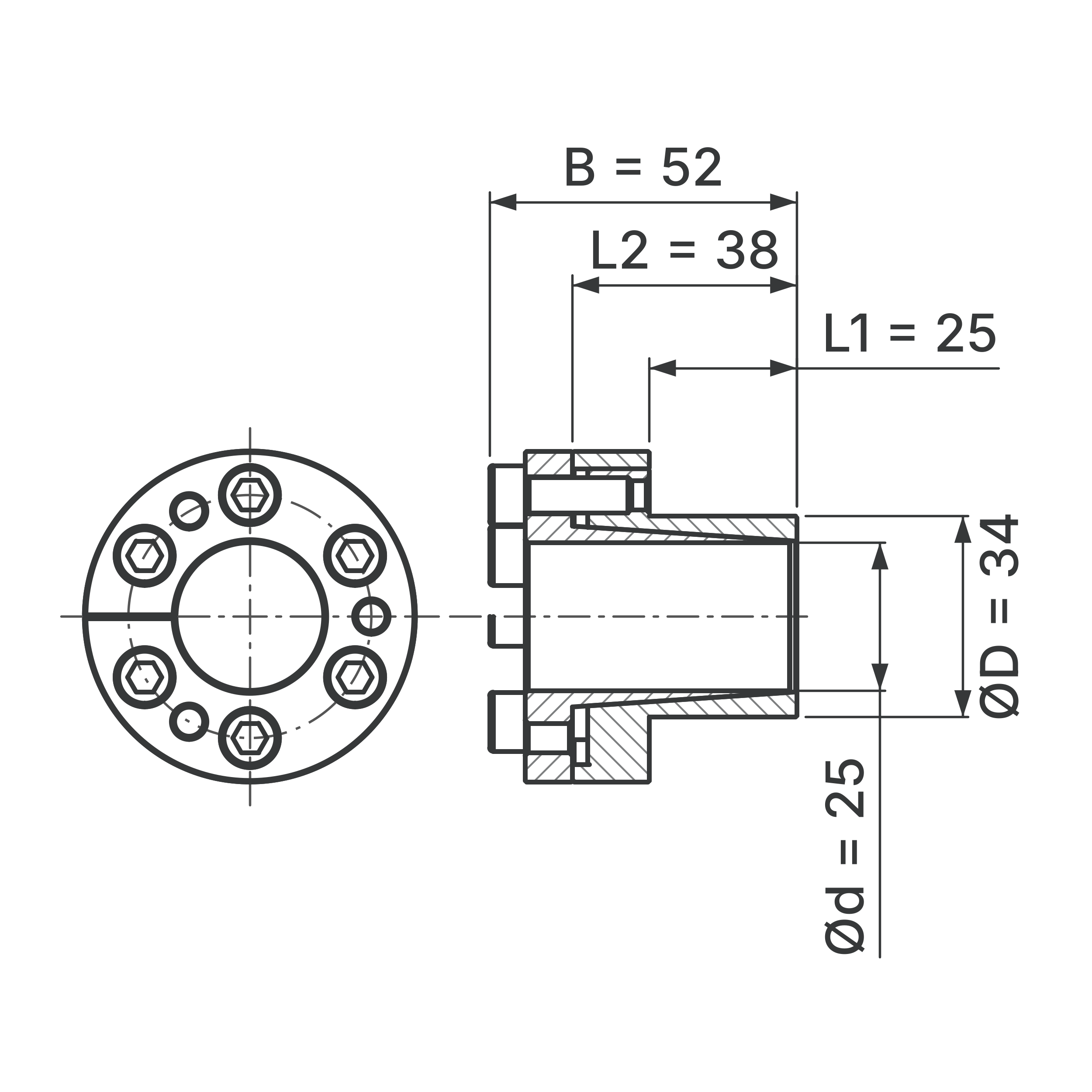Maßskizze Spannsatz STW27SS-25x34 Edelstahl: Wellen-Ø d, Außen-Ø D, L1, L2, B in mm, schematisch
