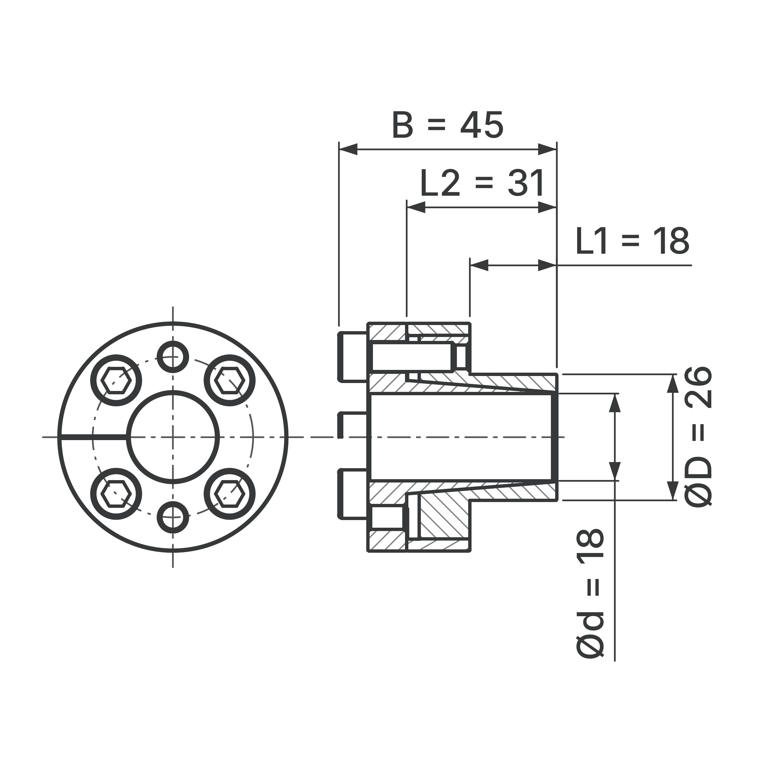 Maßskizze Spannsatz STW27SS-18x26 Edelstahl: Wellen-Ø d, Außen-Ø D, L1, L2, B in mm, schematisch
