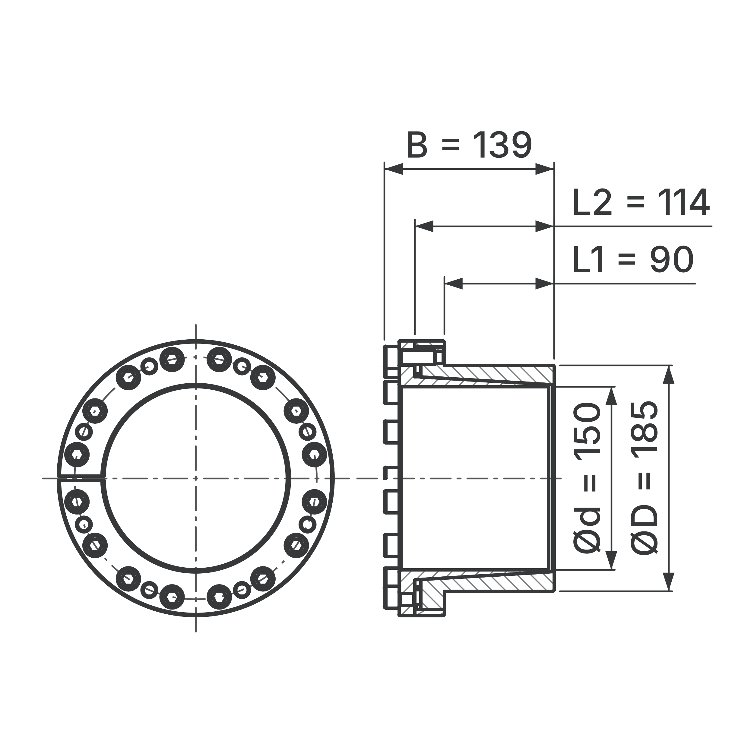 Maßskizze Spannsatz STW27-150x185: Wellen-Ø d, Außen-Ø D, L1, L2, B in mm, schematisch
