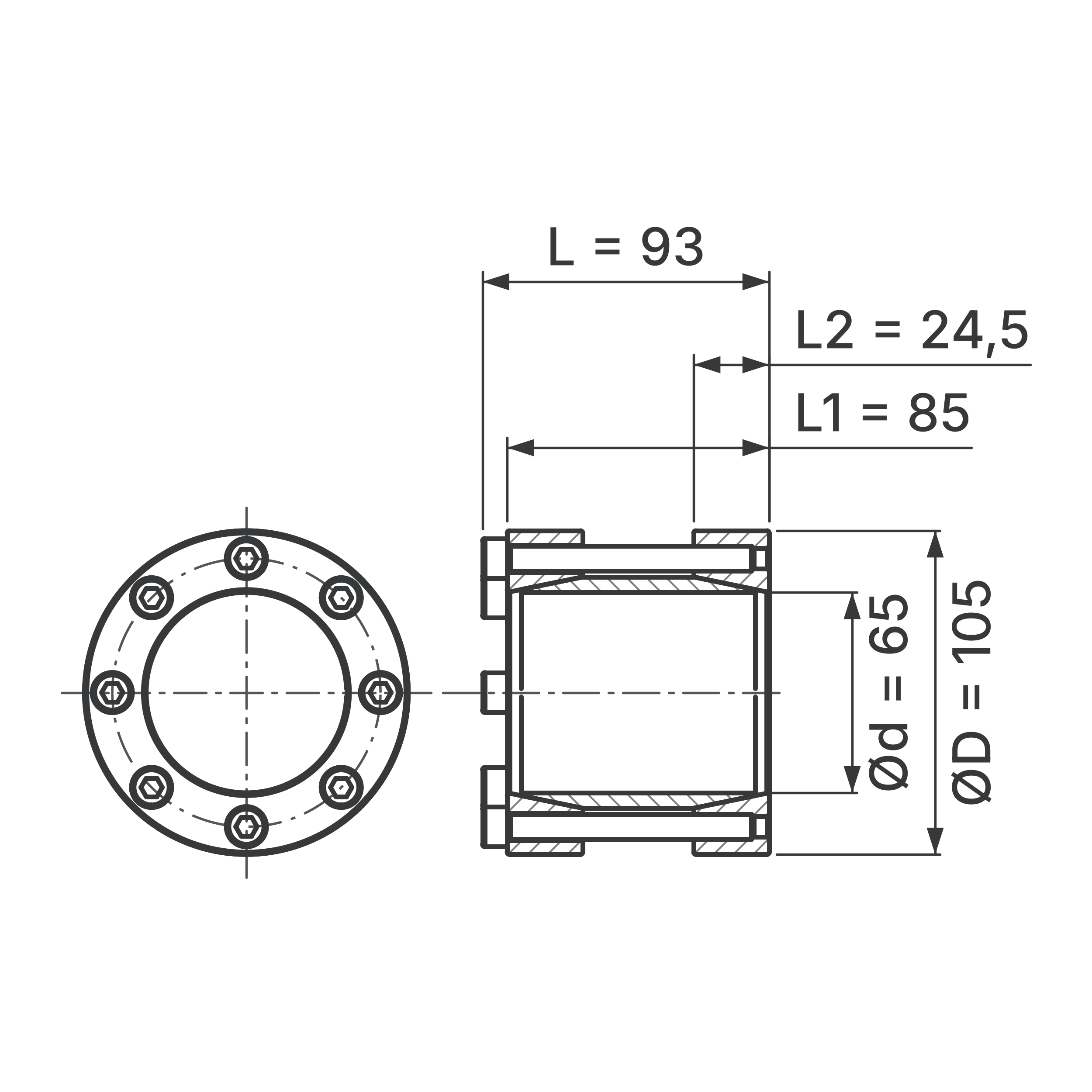 Maßskizze Starre Wellenkupplung STW72-65x105: Wellen-Ø d (beide Wellen), Außen-Ø D, L, L1, L2 in mm, schematisch