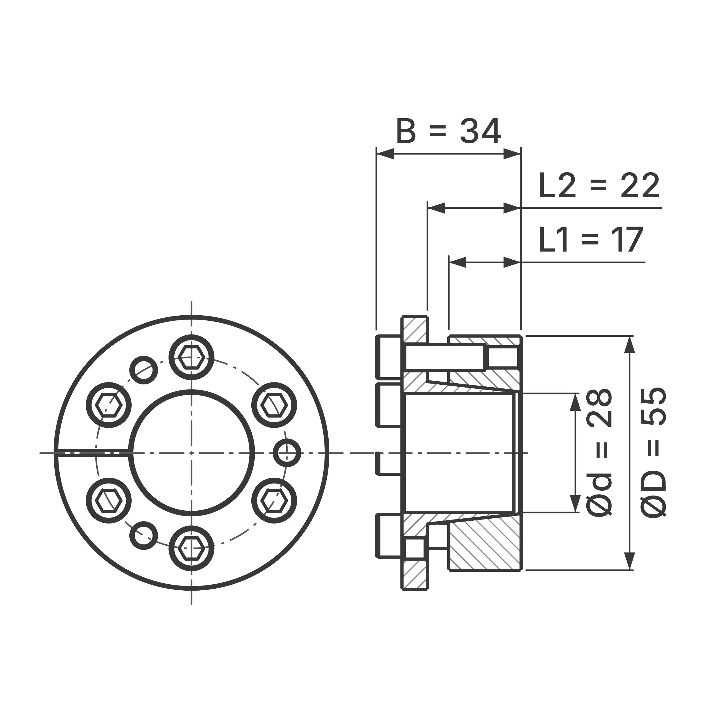 Maßskizze Spannsatz STW77-28x55: Wellen-Ø d, Außen-Ø D, L1, L2, B in mm, schematisch
