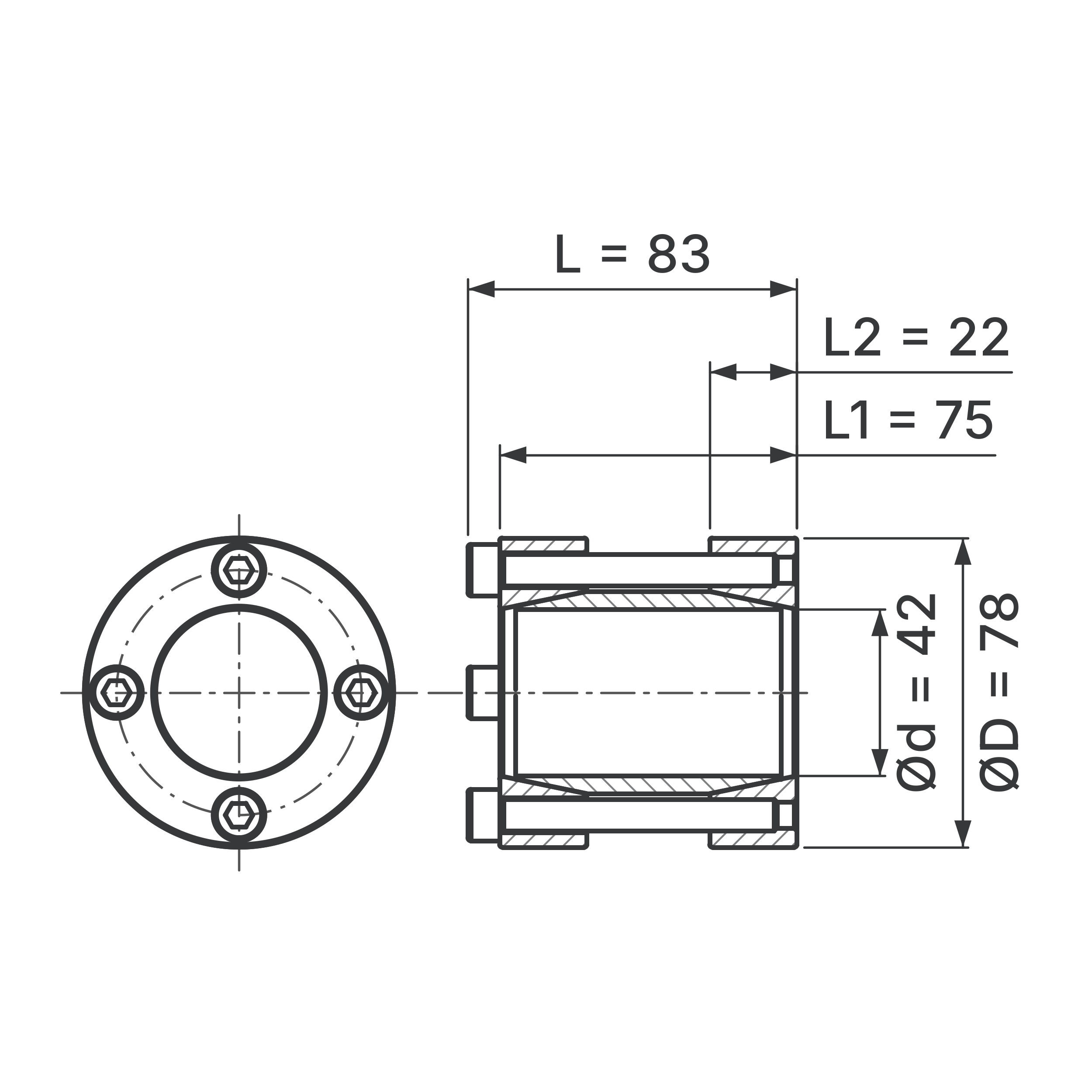 Maßskizze Starre Wellenkupplung STW72-42x78: Wellen-Ø d (beide Wellen), Außen-Ø D, L, L1, L2 in mm, schematisch