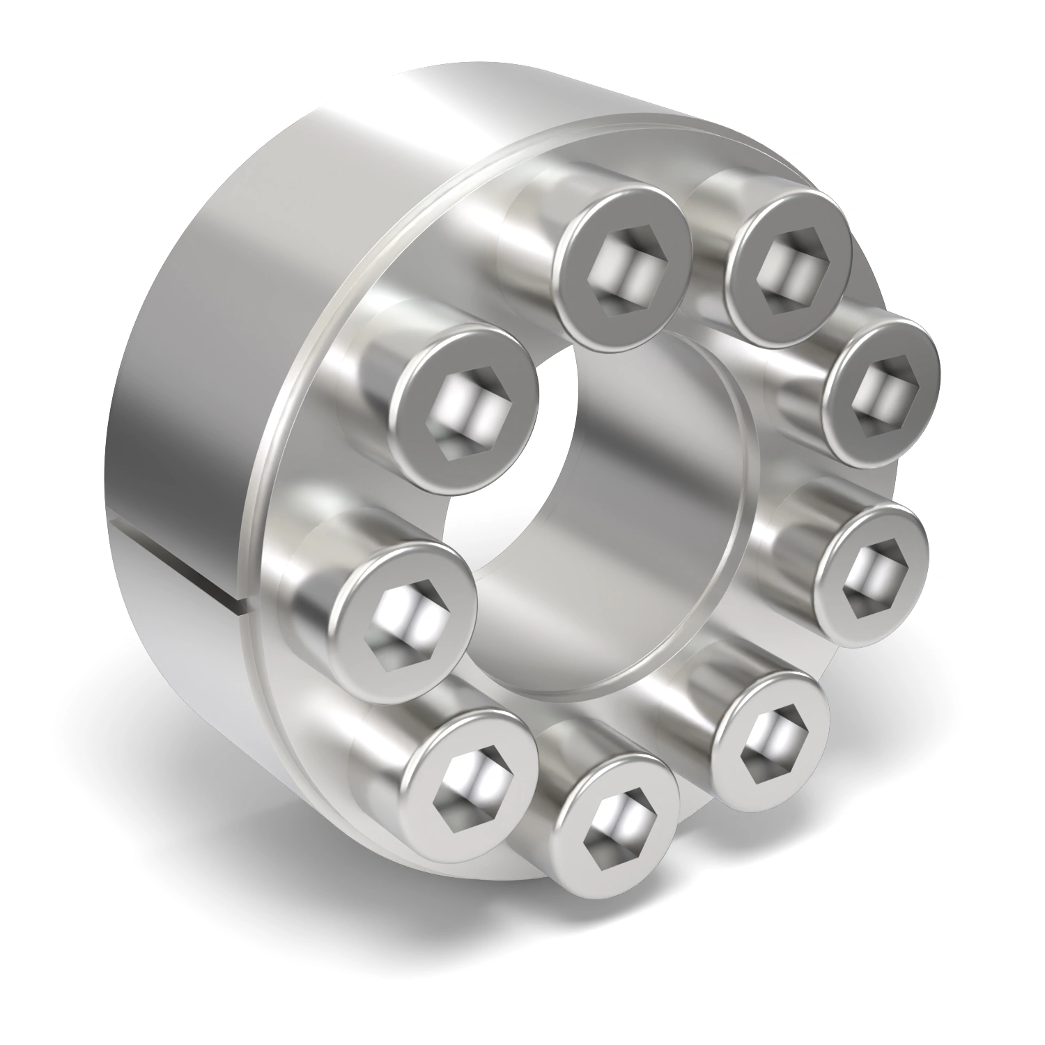 Spannsatz STW60SS-24x50 Edelstahl, Frontalansicht der Stirnseite mit 9 Spannschrauben