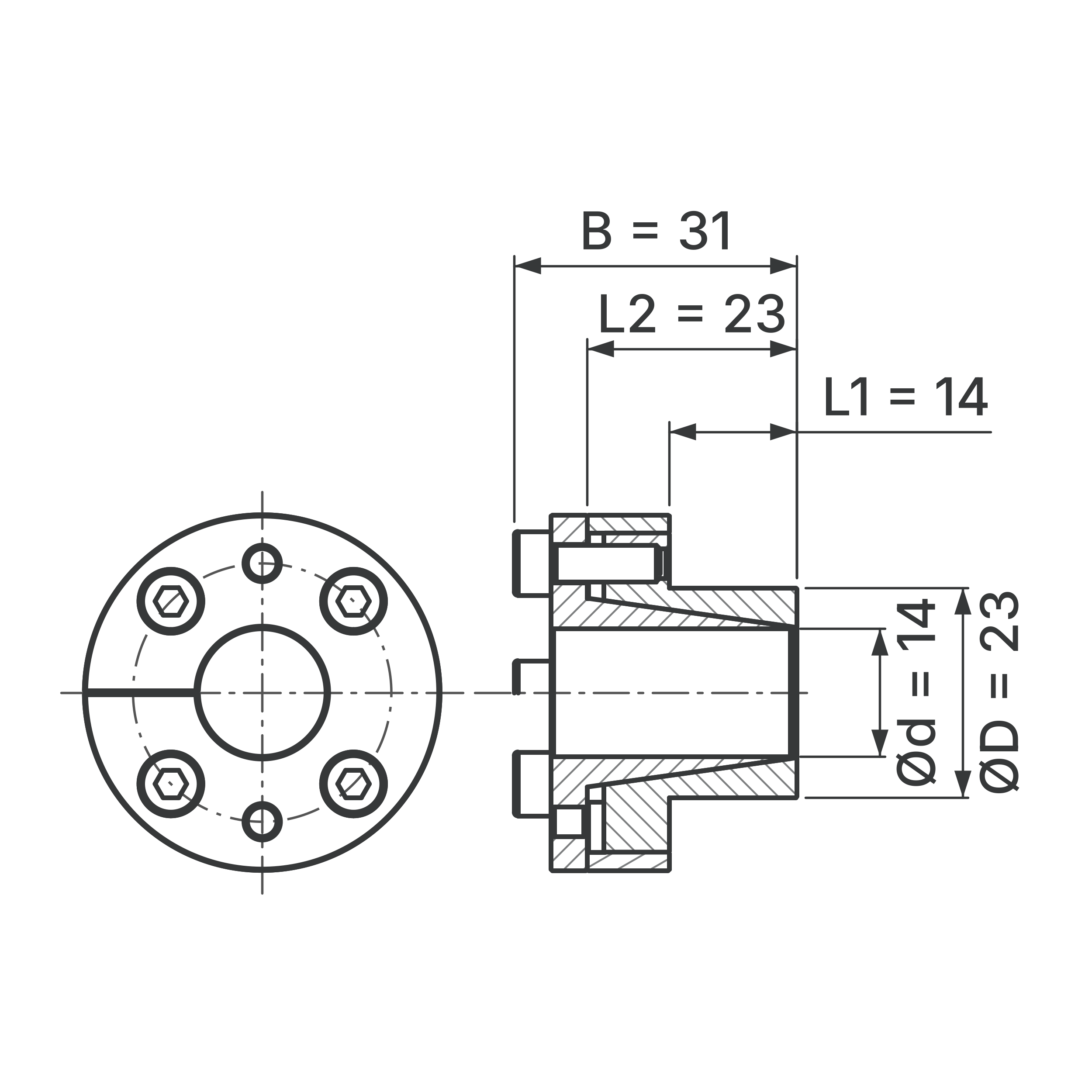 Maßskizze Spannsatz STW27-14x23: Wellen-Ø d, Außen-Ø D, L1, L2, B in mm, schematisch
