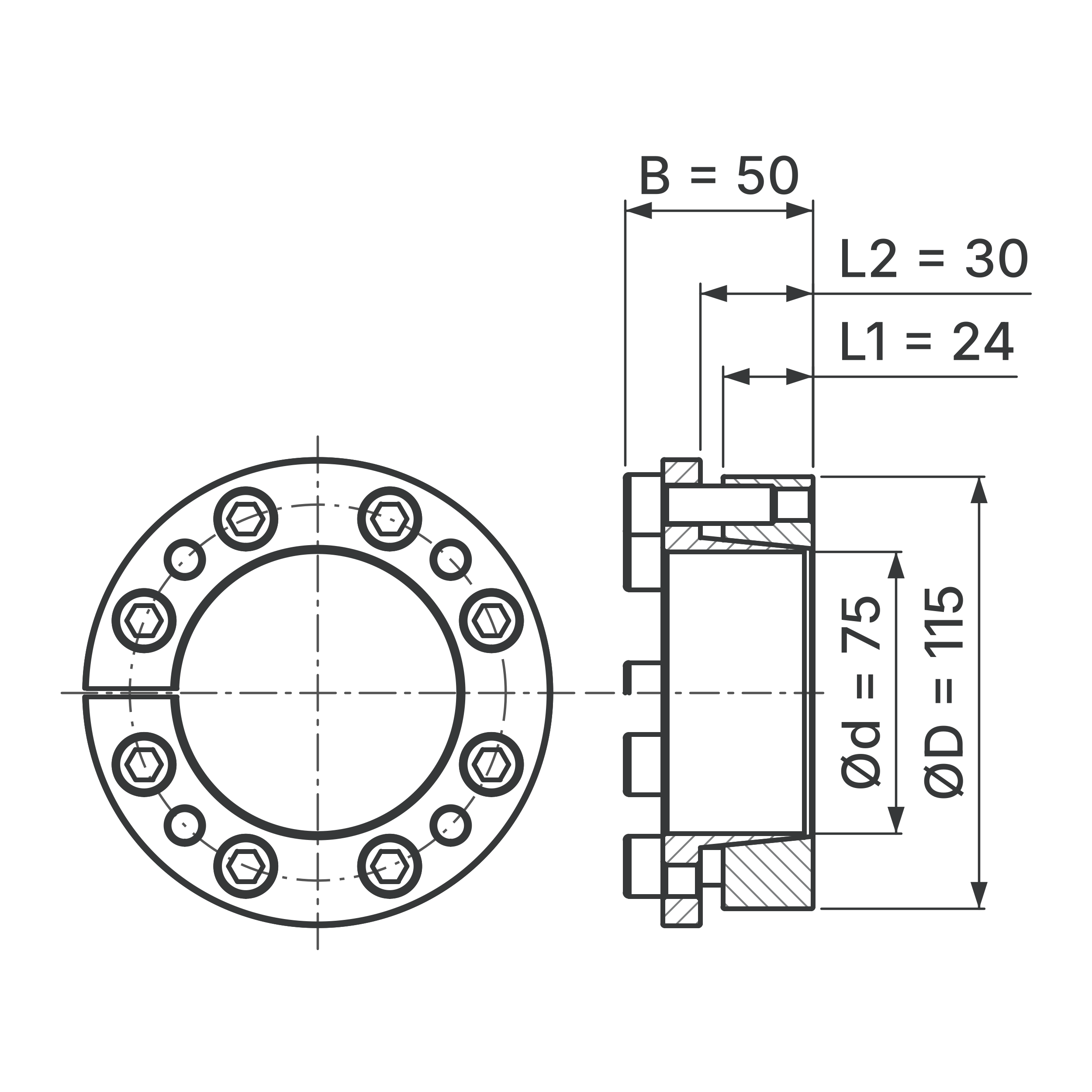 Maßskizze Spannsatz STW77-75x115: Wellen-Ø d, Außen-Ø D, L1, L2, B in mm, schematisch