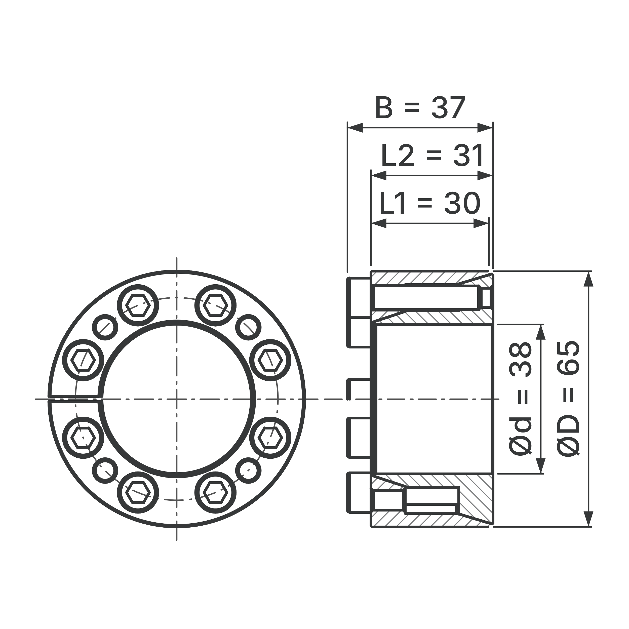 Maßskizze Spannsatz STW71-38x65: Wellen-Ø d, Außen-Ø D, L1, L2, B in mm, schematisch