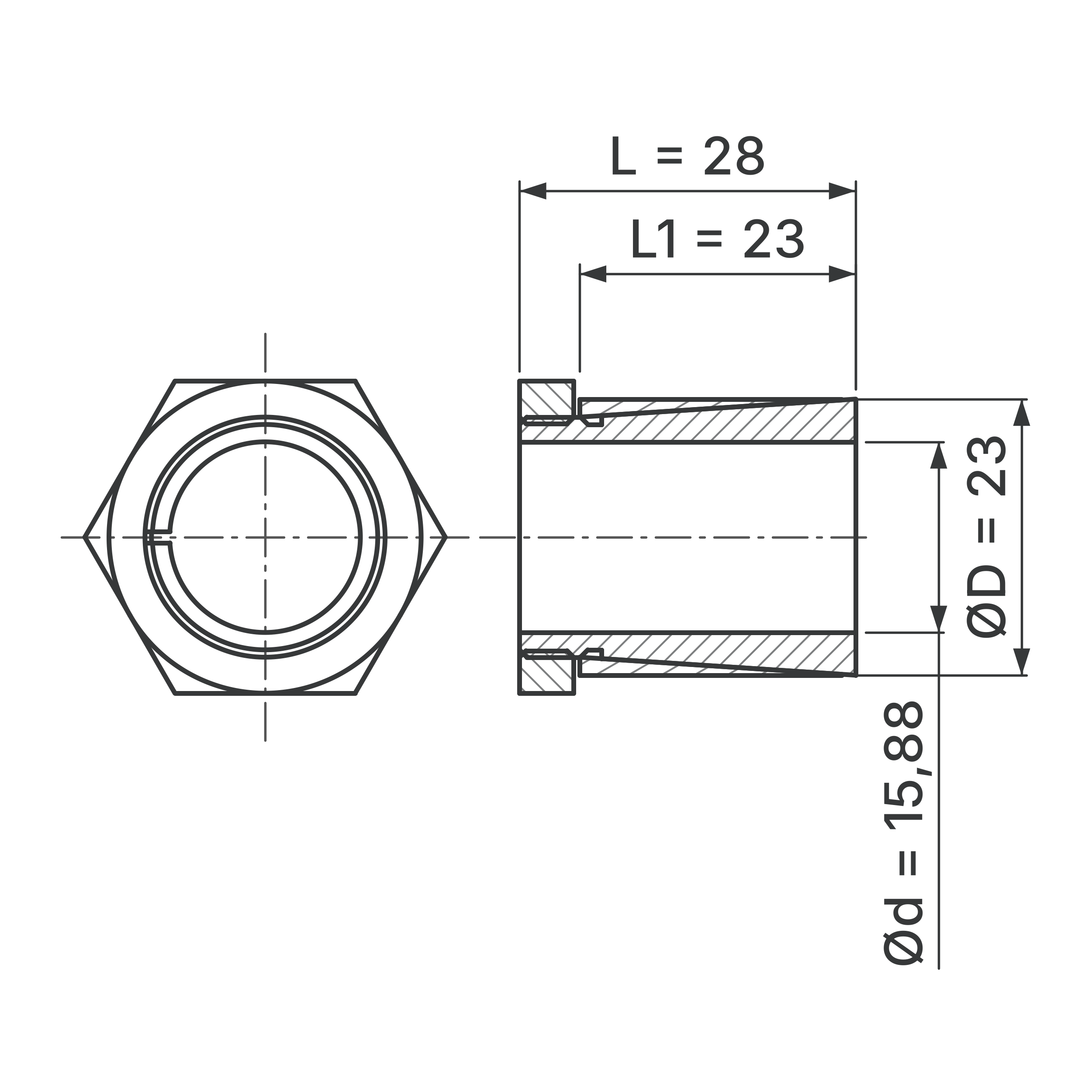 Maßskizze Spannsatz STW64SS-15.88x23 Edelstahl: Wellen-Ø d, Außen-Ø D, L1, L in mm, schematisch
