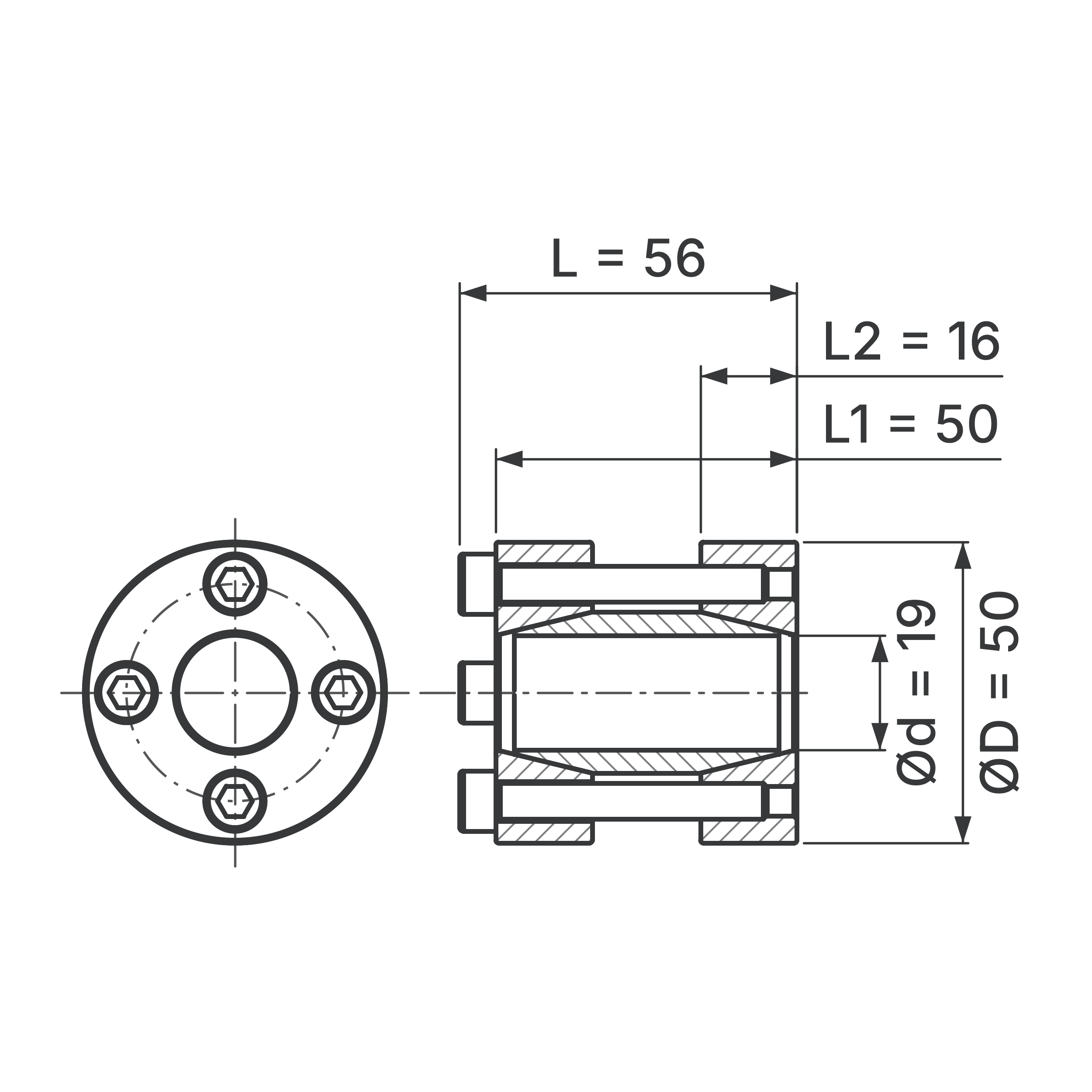 Maßskizze Starre Wellenkupplung STW72-19x50: Wellen-Ø d (beide Wellen), Außen-Ø D, L, L1, L2 in mm, schematisch