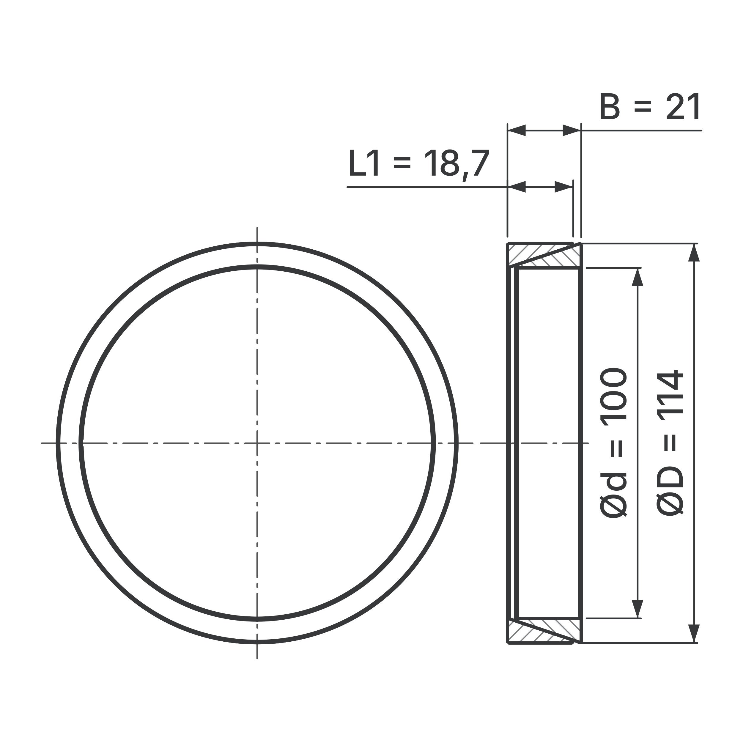 Maßskizze Konus-Spannelement STW56-100x114: Wellen-Ø d, Außen-Ø D, L1, B in mm, schematisch