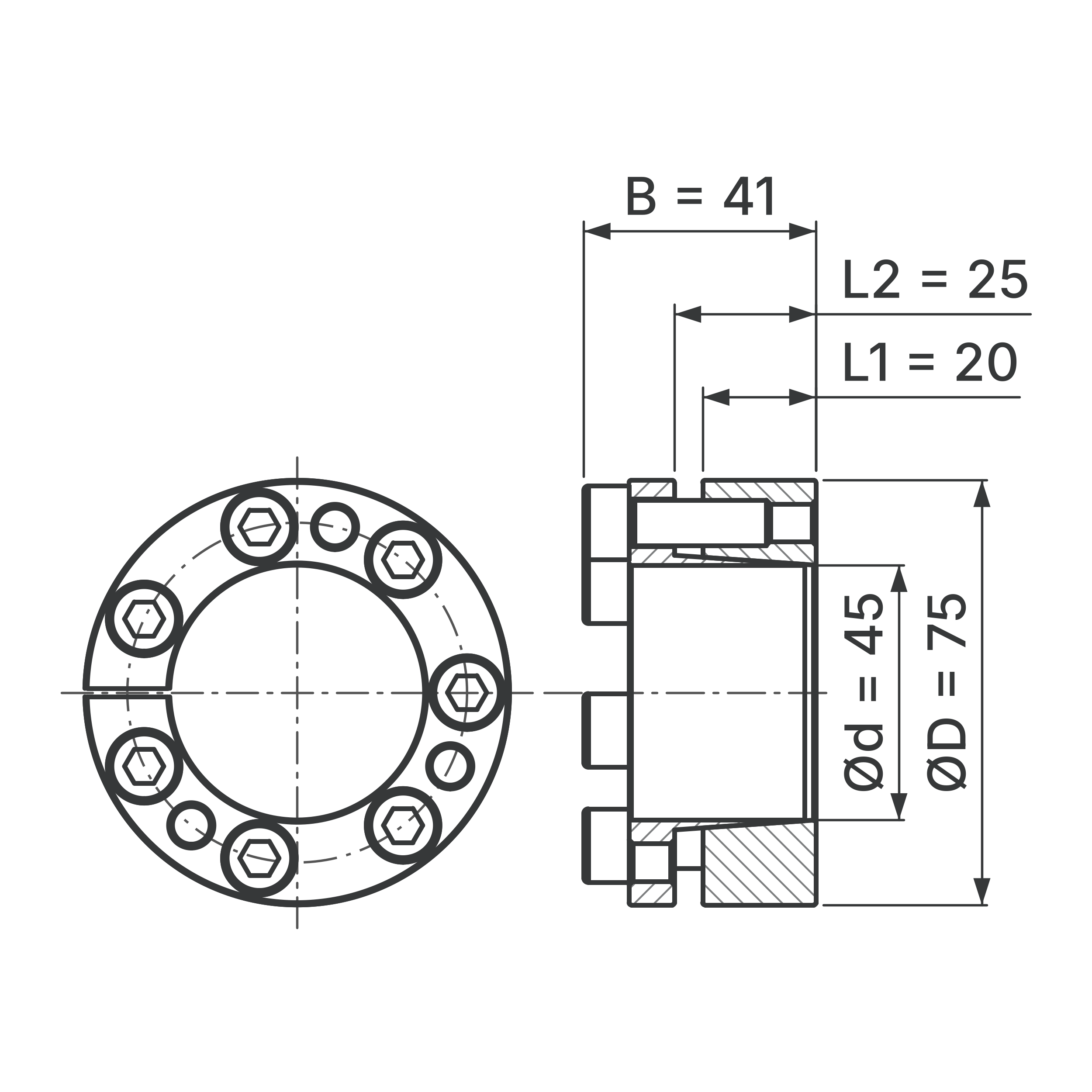 Maßskizze Spannsatz STW98-45x75: Wellen-Ø d, Außen-Ø D, L1, L2, B in mm, schematisch