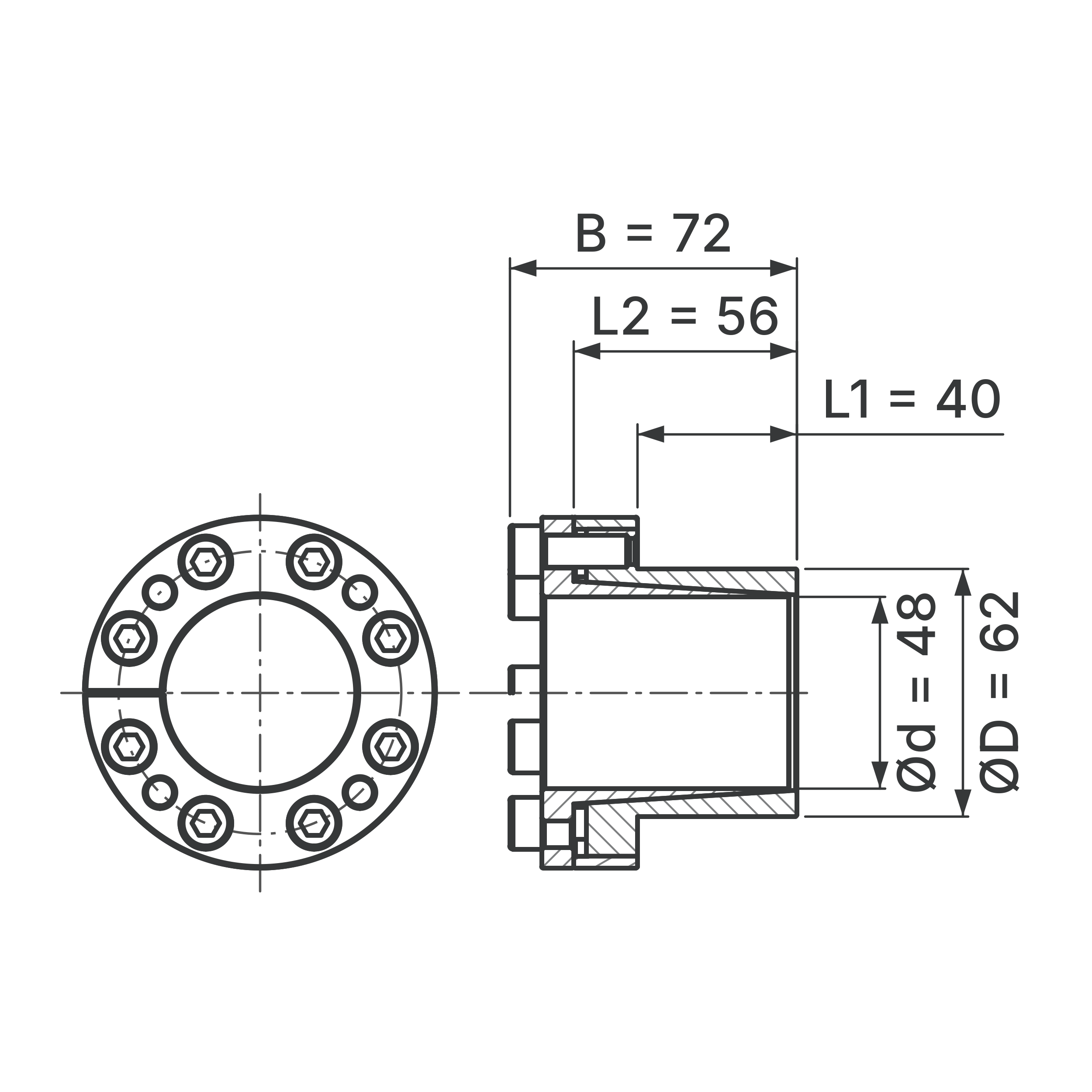 Maßskizze Spannsatz STW27-48x62: Wellen-Ø d, Außen-Ø D, L1, L2, B in mm, schematisch
