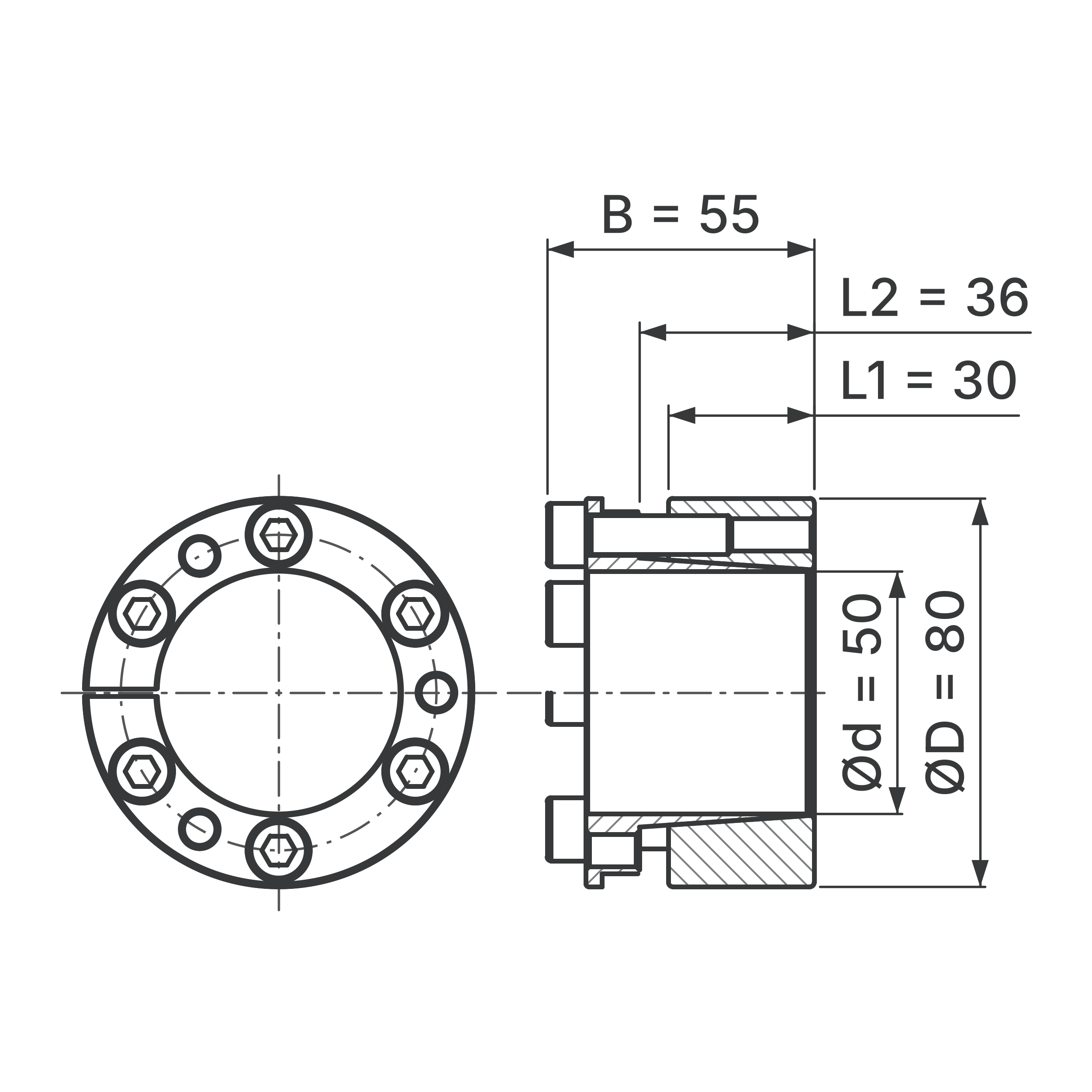 Maßskizze Spannsatz STW26-50x80: Wellen-Ø d, Außen-Ø D, L1, L2, B in mm, schematisch