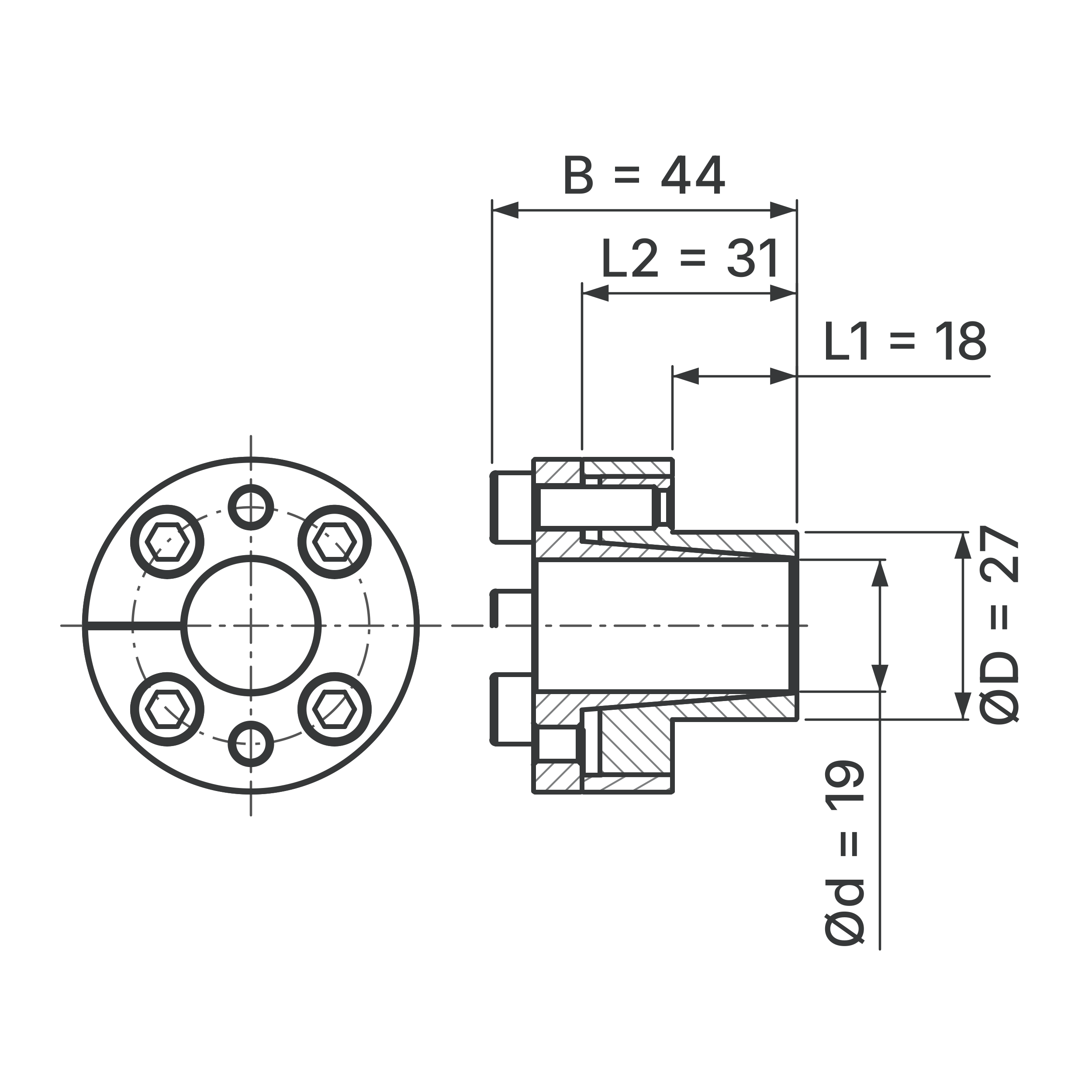 Maßskizze Spannsatz STW27-19x27: Wellen-Ø d, Außen-Ø D, L1, L2, B in mm, schematisch