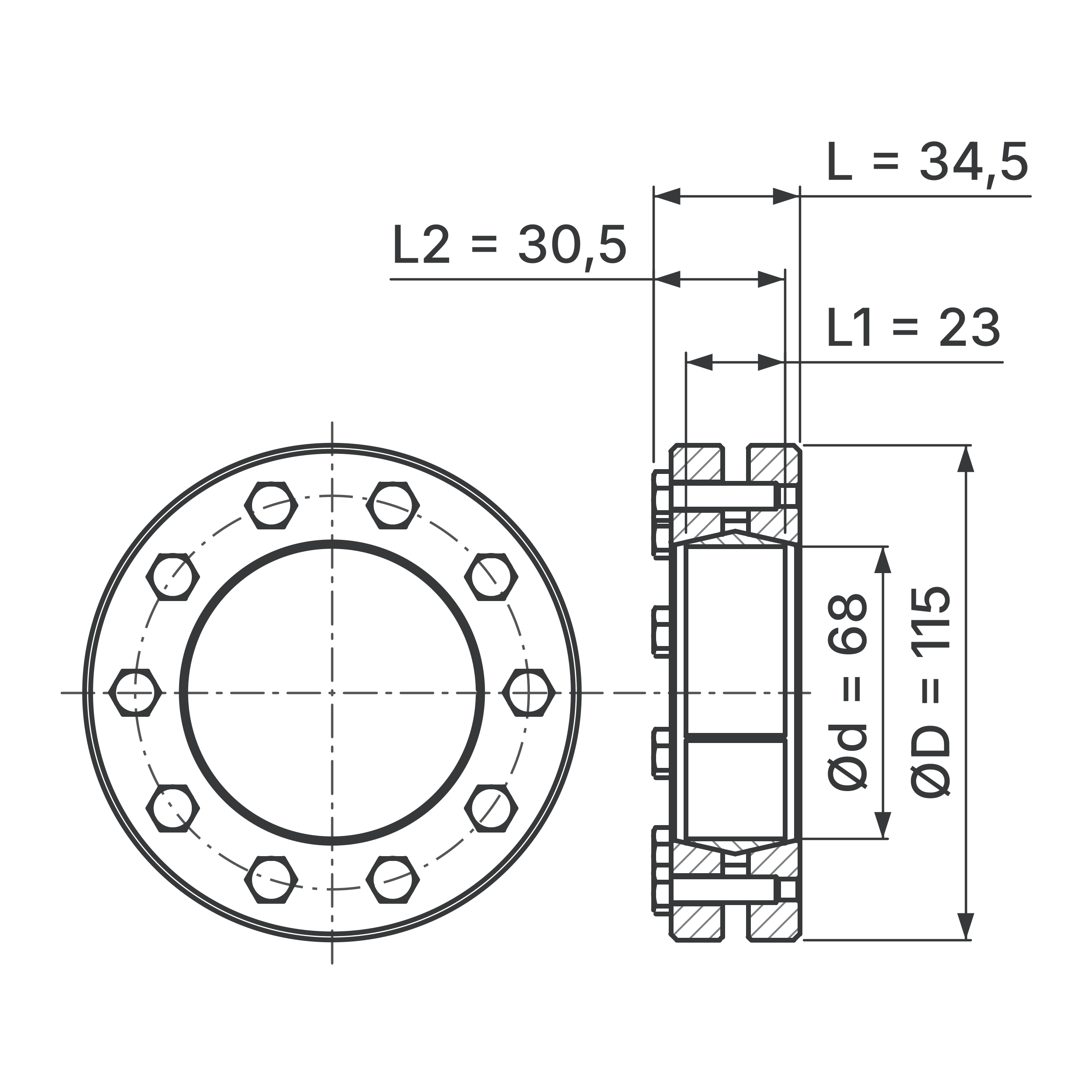 Maßskizze Schrumpfscheibe STW96-68x115: Bohrungs-Ø d, Außen-Ø D, L, L1, L2 in mm, schematisch