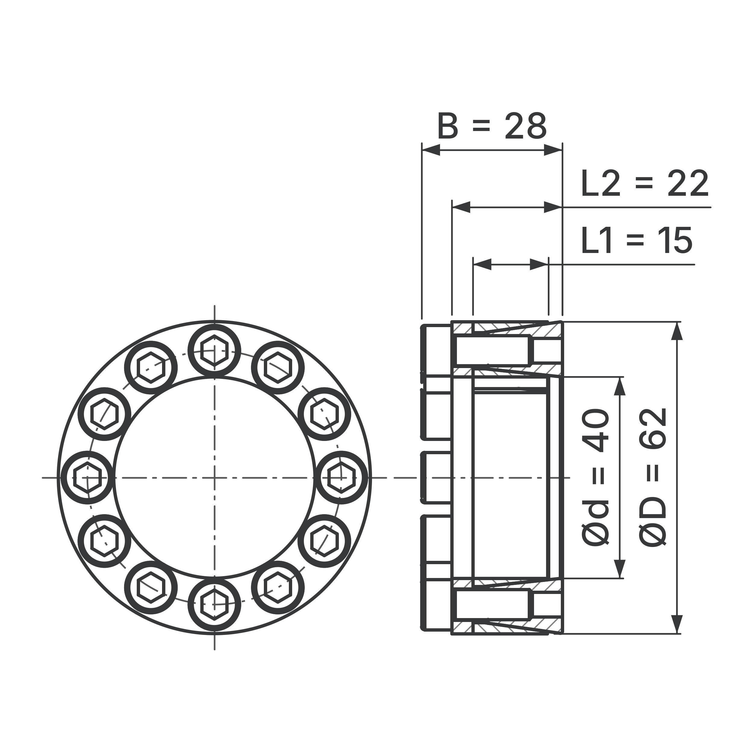 Maßskizze Spannsatz STW29-40x62: Wellen-Ø d, Außen-Ø D, L1, L2, B in mm, schematisch