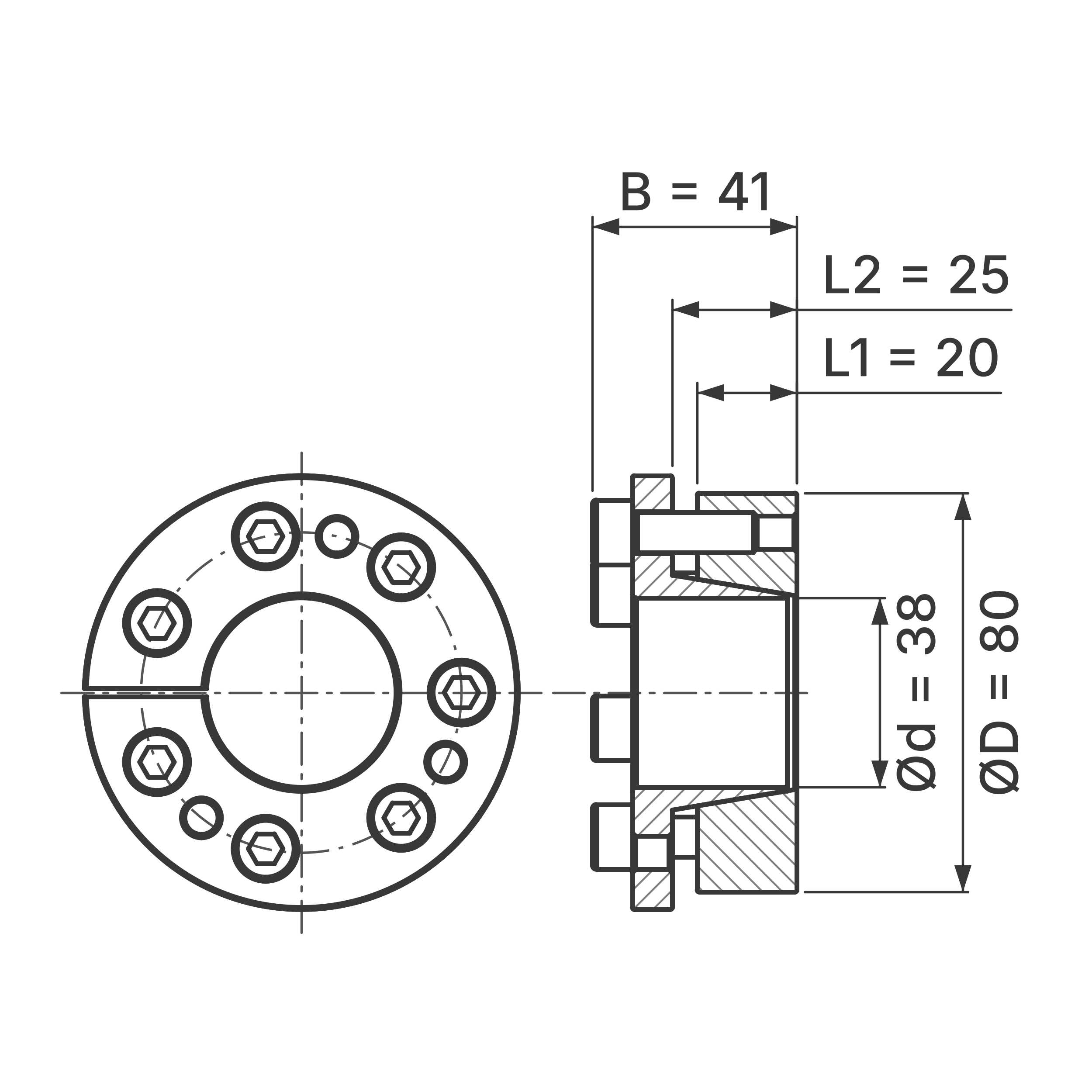 Maßskizze Spannsatz STW31-38x80: Wellen-Ø d, Außen-Ø D, L1, L2, B in mm, schematisch
