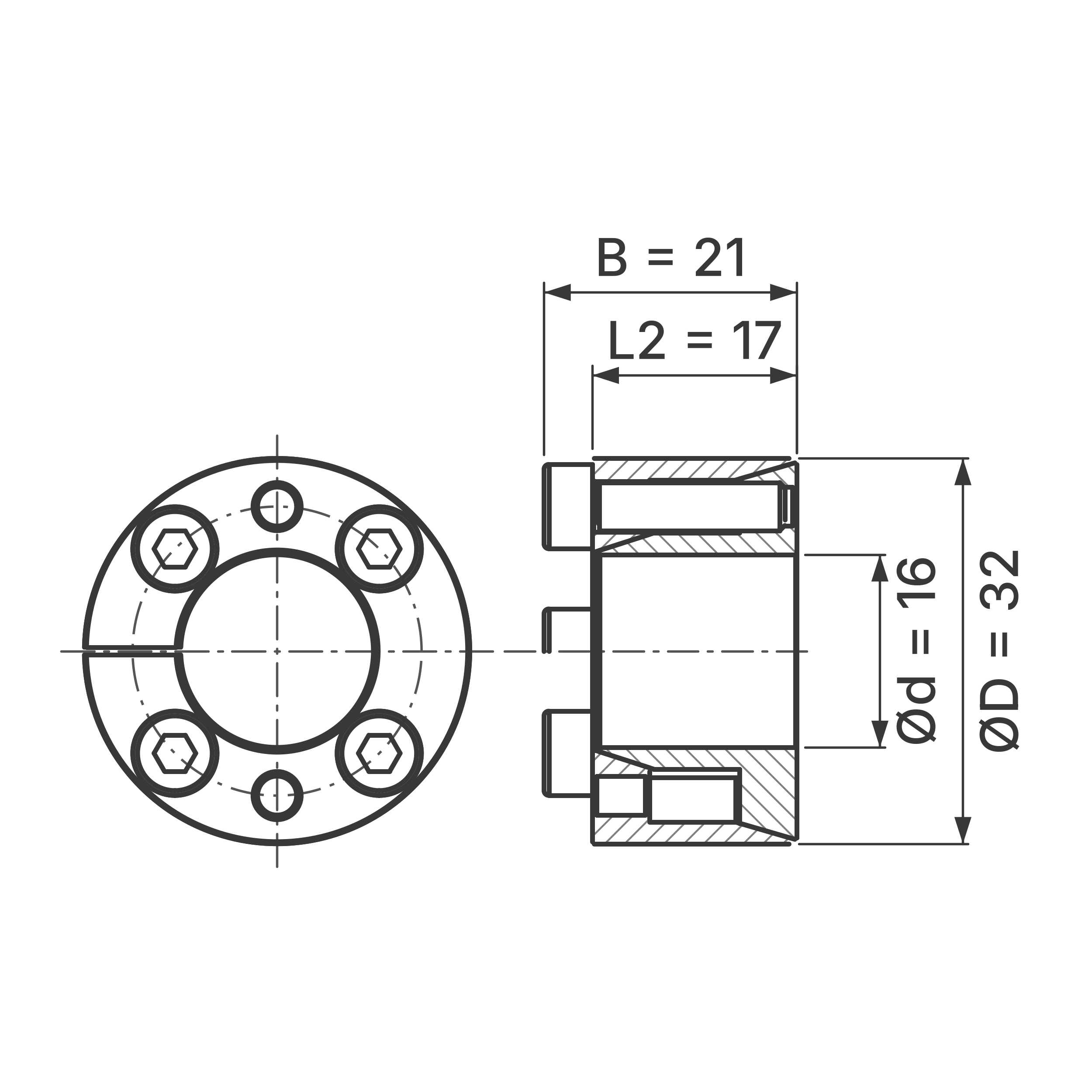 Maßskizze Spannsatz STW71SS-16x32 Edelstahl: Wellen-Ø d, Außen-Ø D, L2, B in mm, schematisch