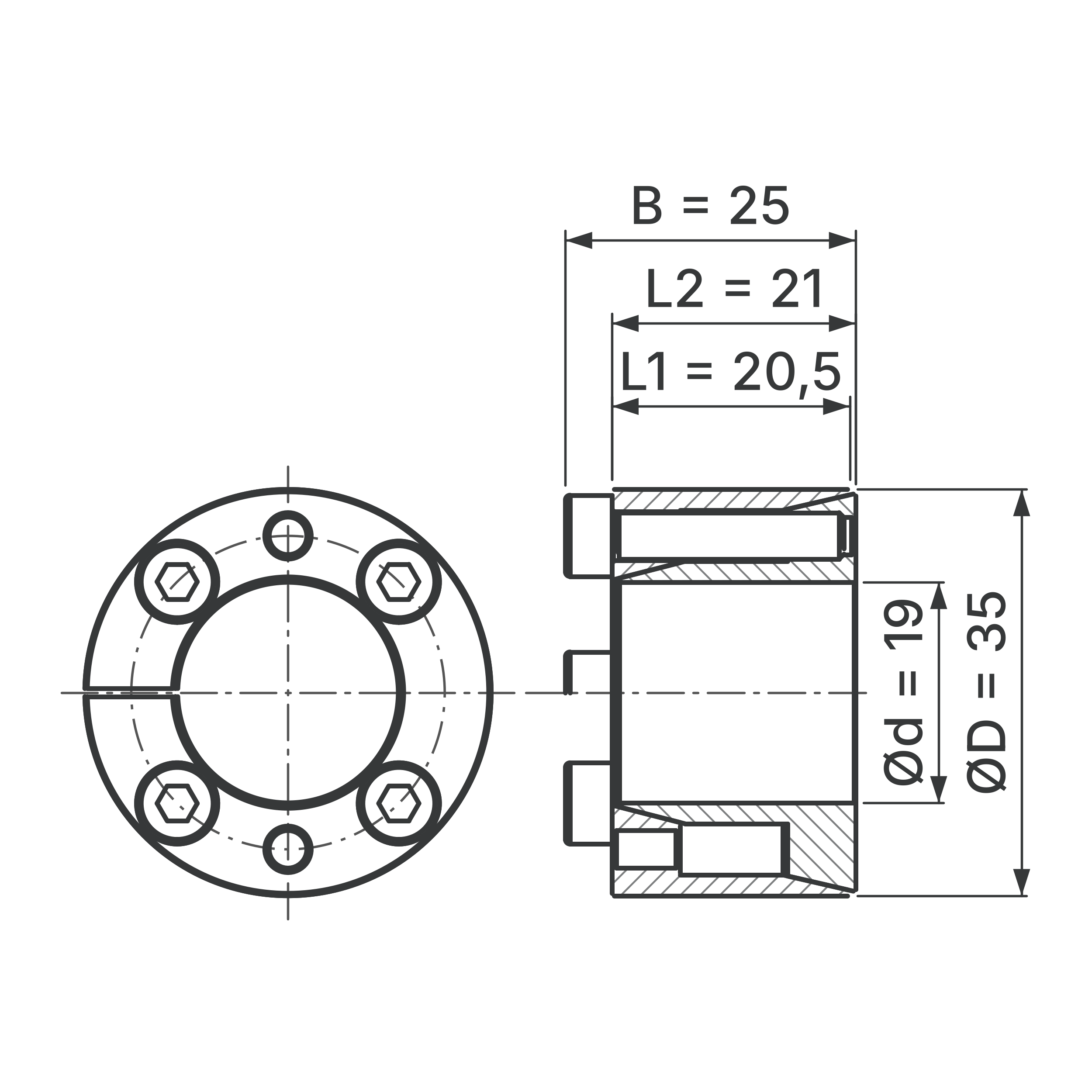 Maßskizze Spannsatz STW71-19x35: Wellen-Ø d, Außen-Ø D, L1, L2, B in mm, schematisch