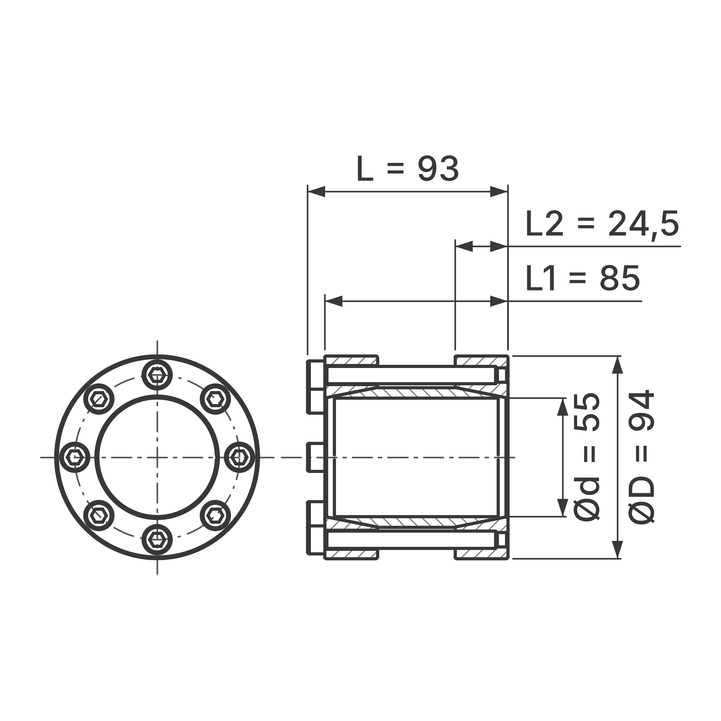 Maßskizze Starre Wellenkupplung STW72-55x94: Wellen-Ø d (beide Wellen), Außen-Ø D, L, L1, L2 in mm, schematisch