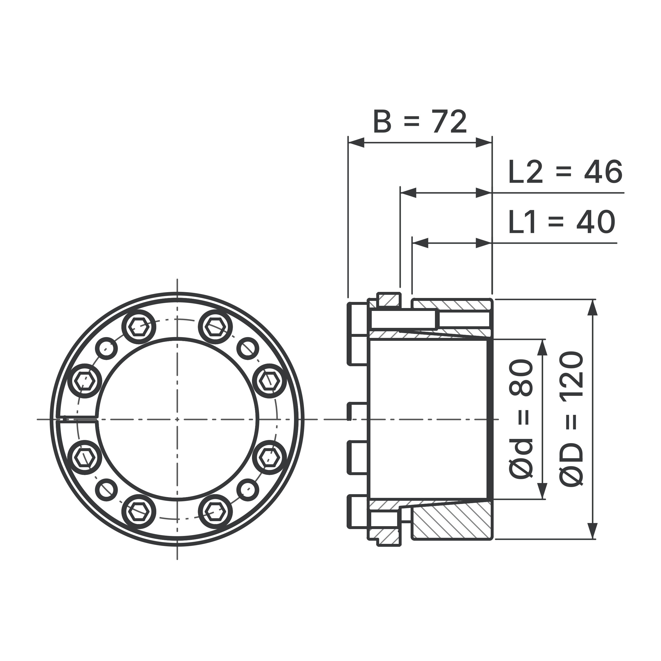Maßskizze Spannsatz STW73-80x120: Wellen-Ø d, Außen-Ø D, L1, L2, B in mm, schematisch