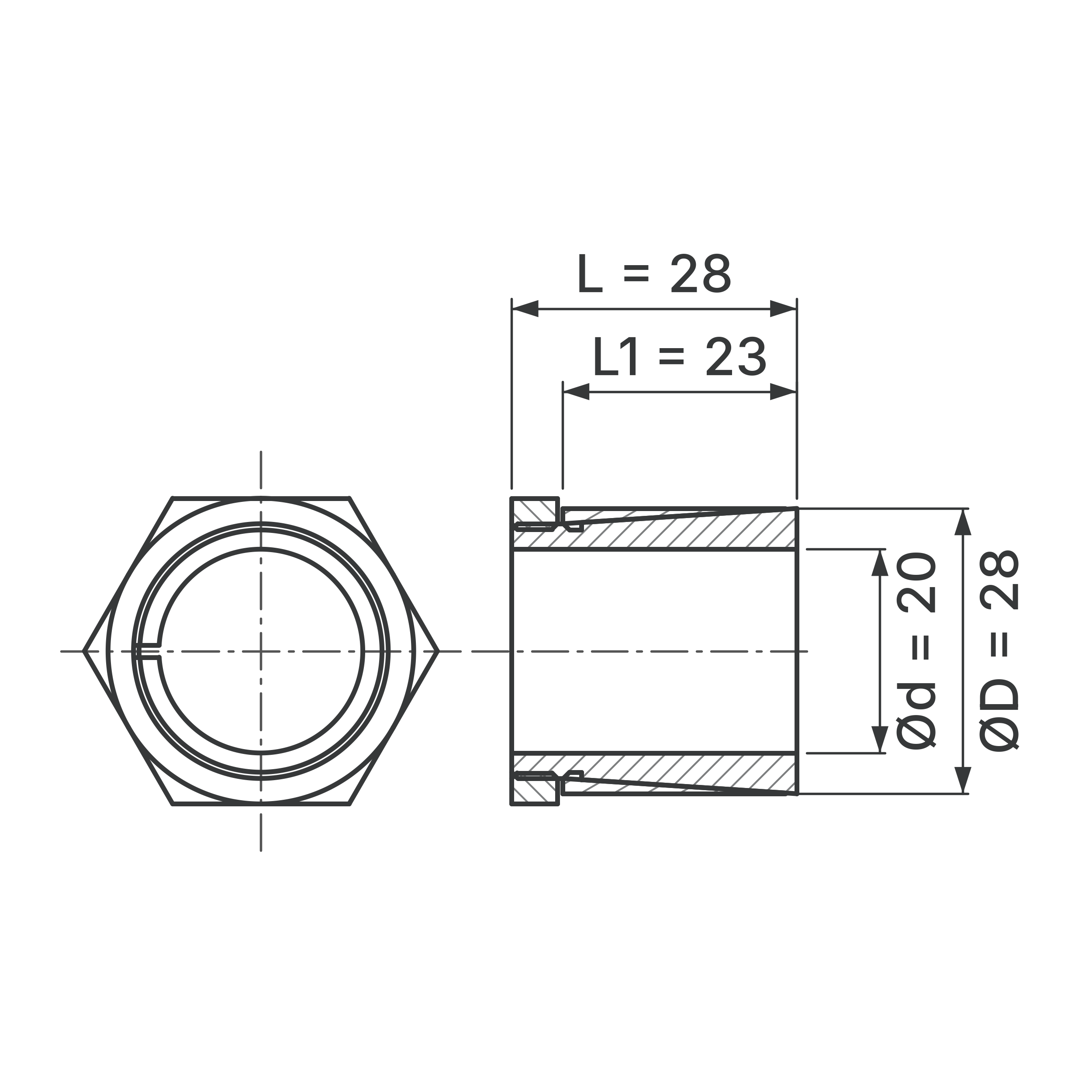 Maßskizze Spannsatz STW64SS-20x28 Edelstahl: Wellen-Ø d, Außen-Ø D, L1, L in mm, schematisch
