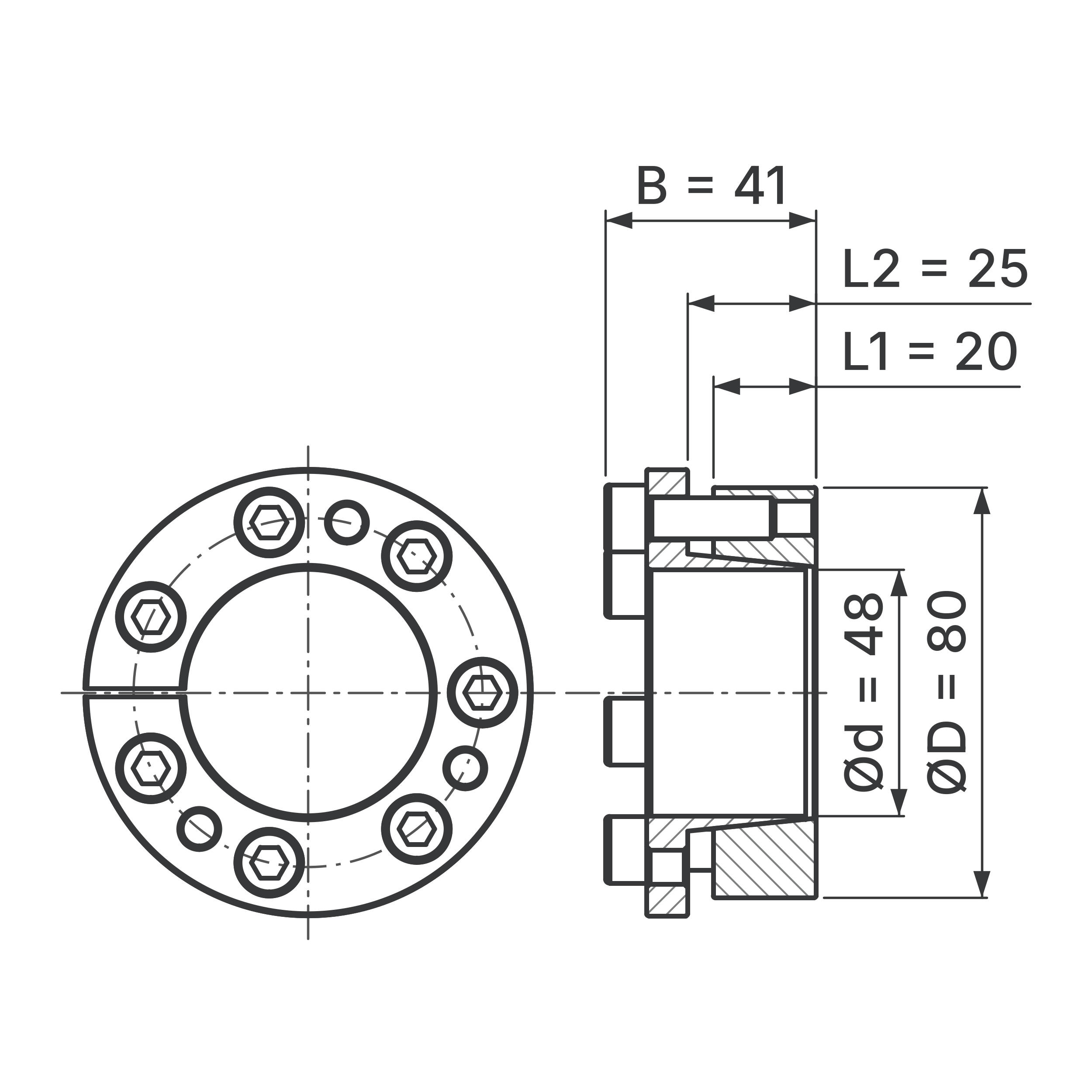 Maßskizze Spannsatz STW31-48x80: Wellen-Ø d, Außen-Ø D, L1, L2, B in mm, schematisch