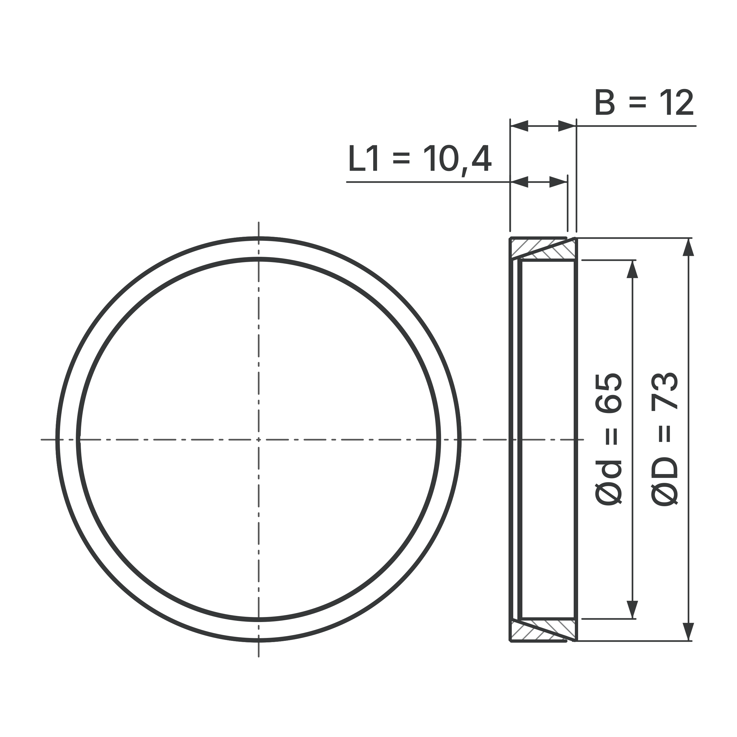 Maßskizze Konus-Spannelement STW56-65x73: Wellen-Ø d, Außen-Ø D, L1, B in mm, schematisch