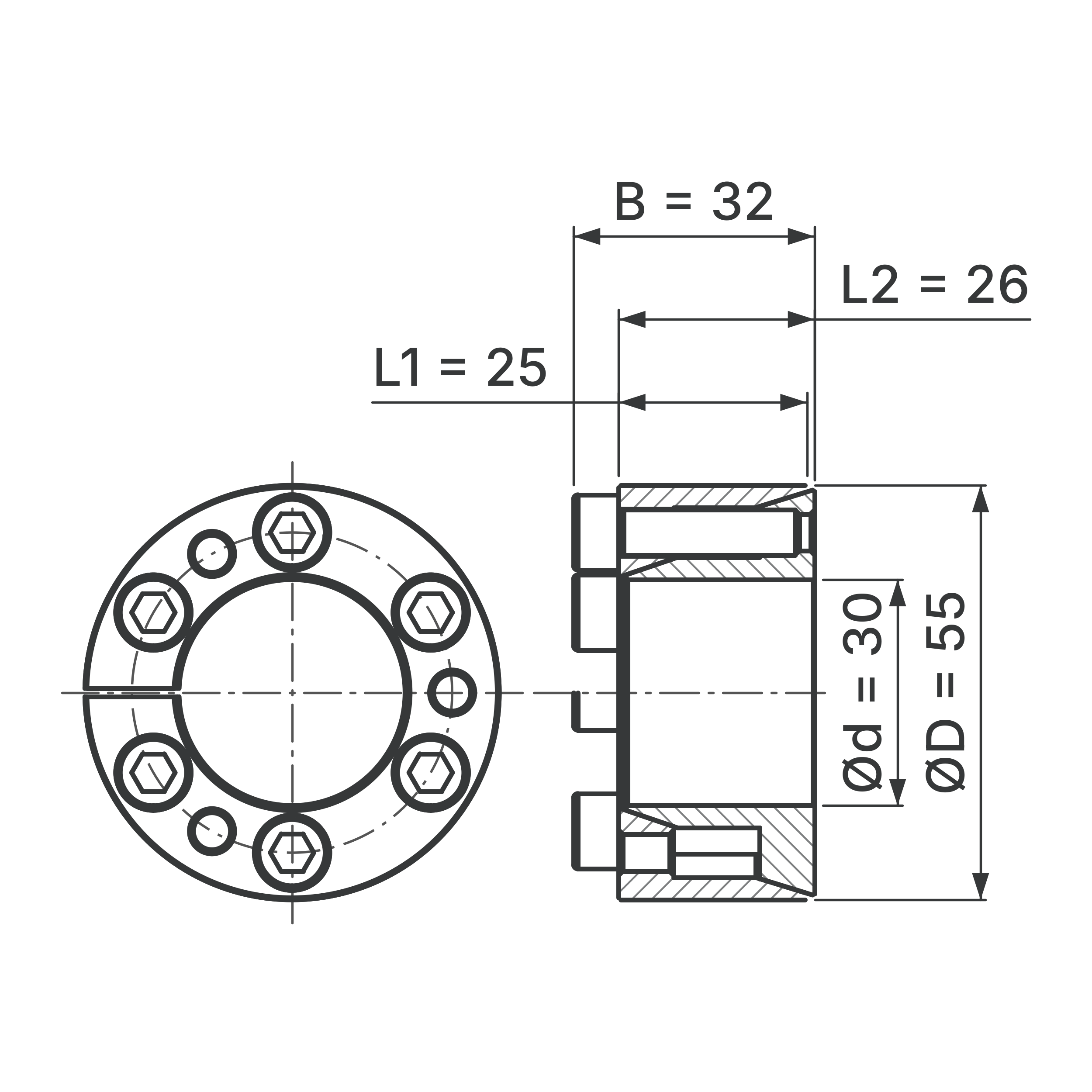 Maßskizze Spannsatz STW71-30x55: Wellen-Ø d, Außen-Ø D, L1, L2, B in mm, schematisch
