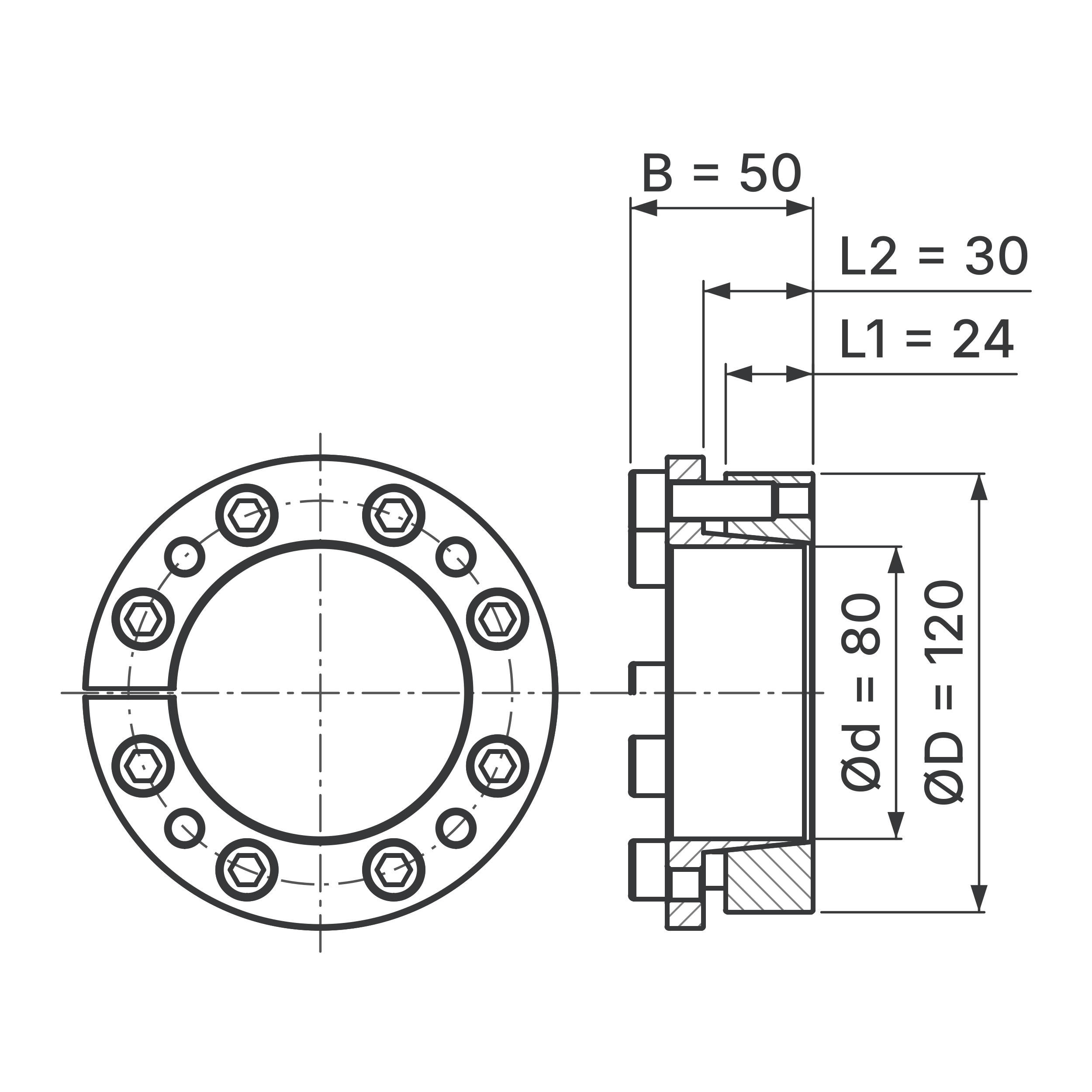 Maßskizze Spannsatz STW77-80x120: Wellen-Ø d, Außen-Ø D, L1, L2, B in mm, schematisch