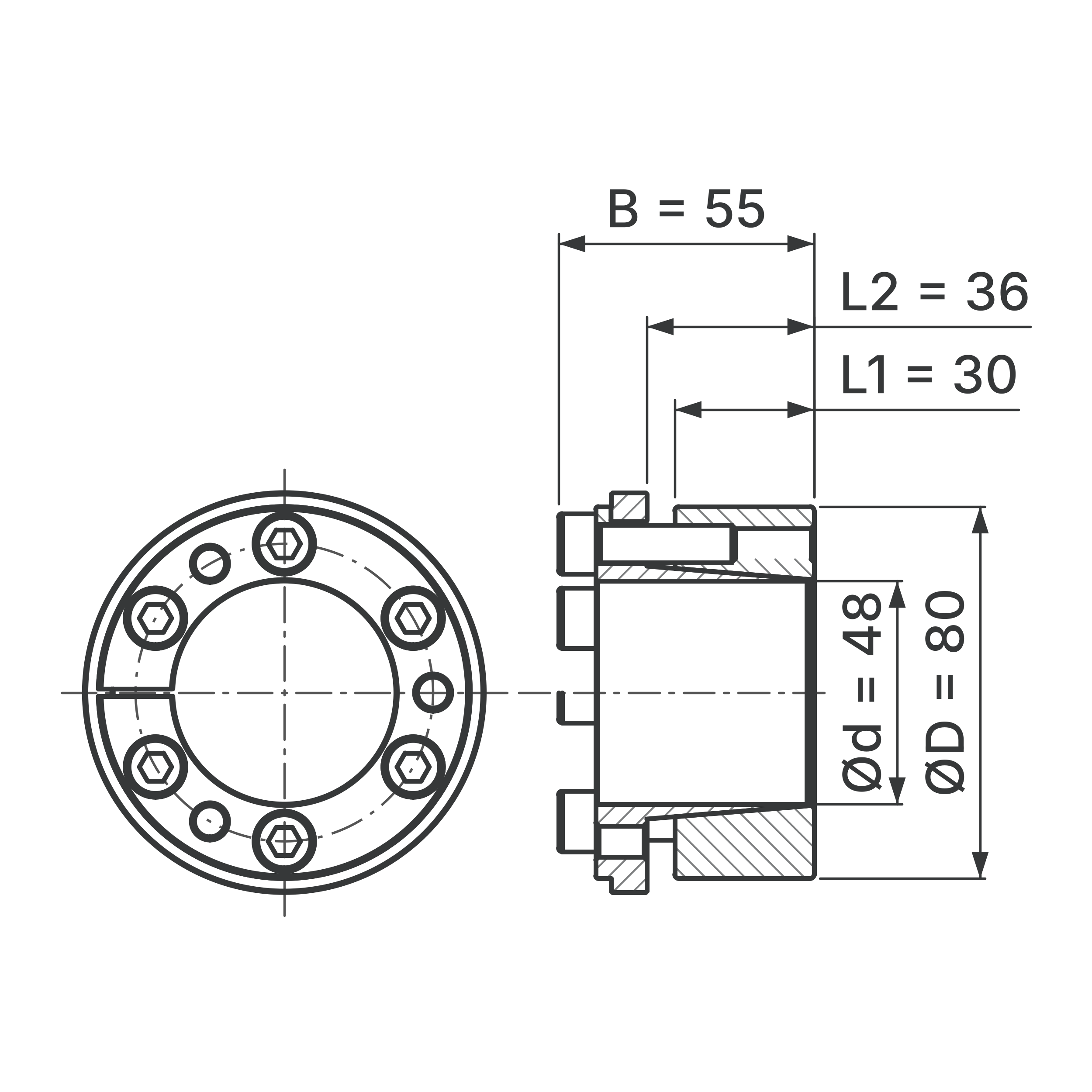 Maßskizze Spannsatz STW73-48x80: Wellen-Ø d, Außen-Ø D, L1, L2, B in mm, schematisch