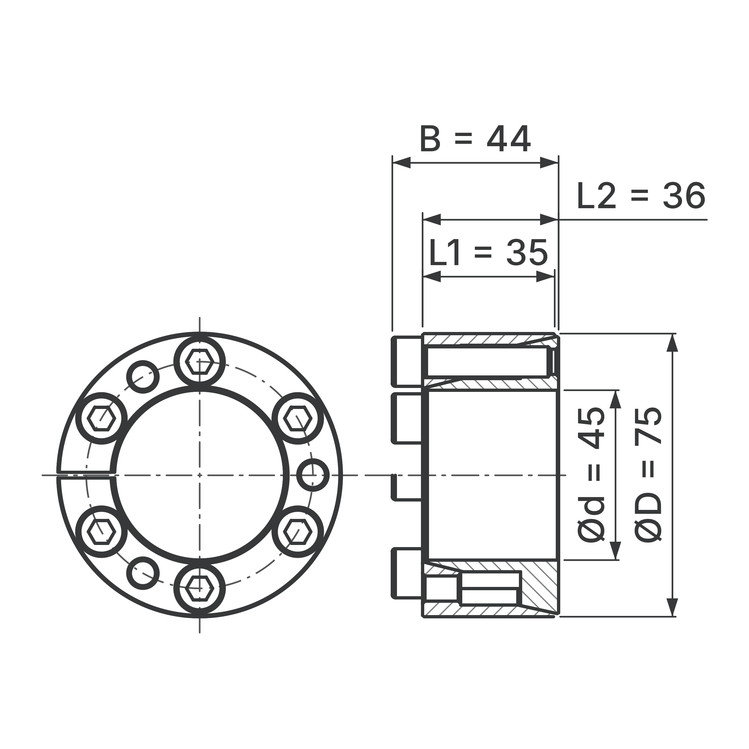Maßskizze Spannsatz STW71-45x75: Wellen-Ø d, Außen-Ø D, L1, L2, B in mm, schematisch