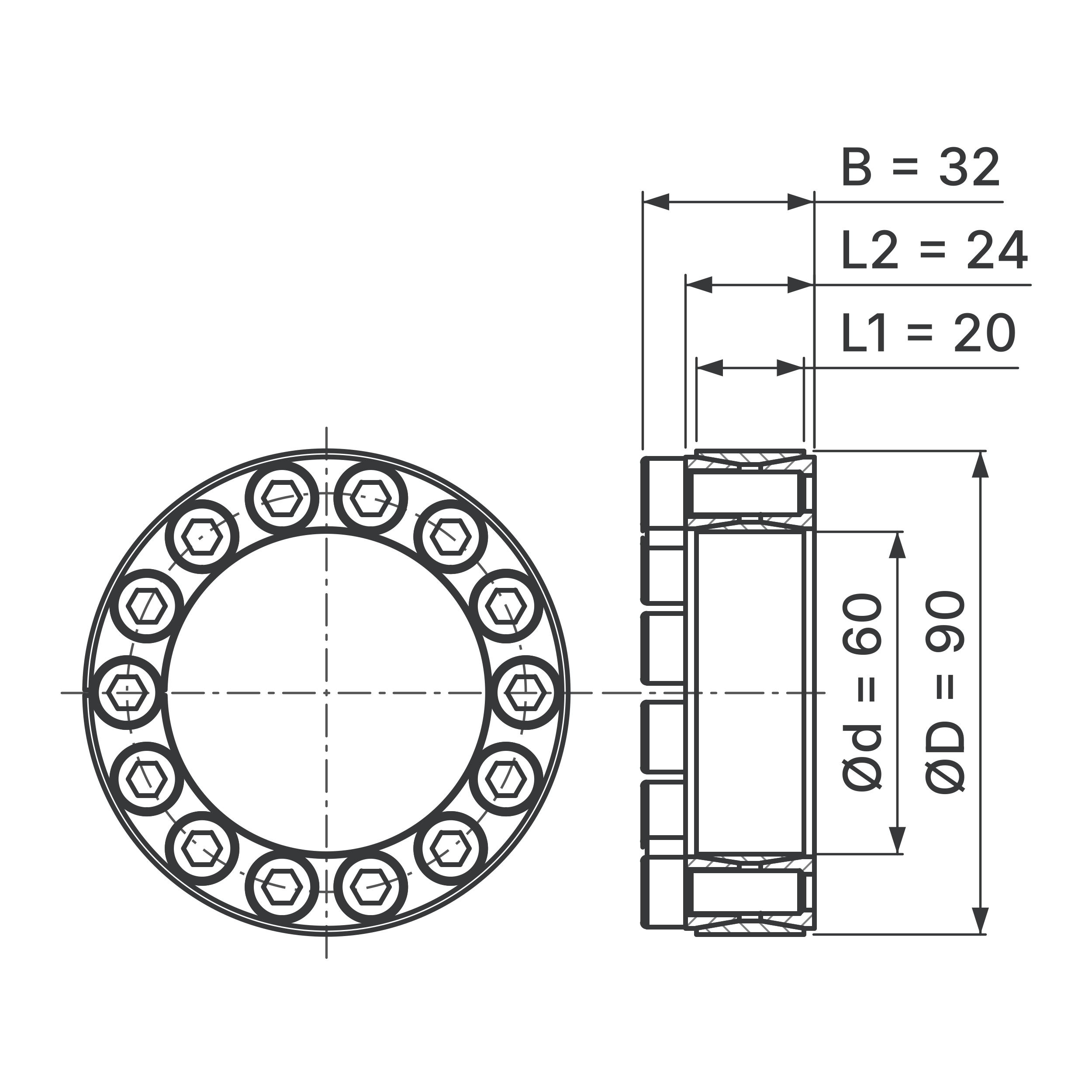 Maßskizze Spannsatz STW60-60x90: Wellen-Ø d, Außen-Ø D, L1, L2, B in mm, schematisch