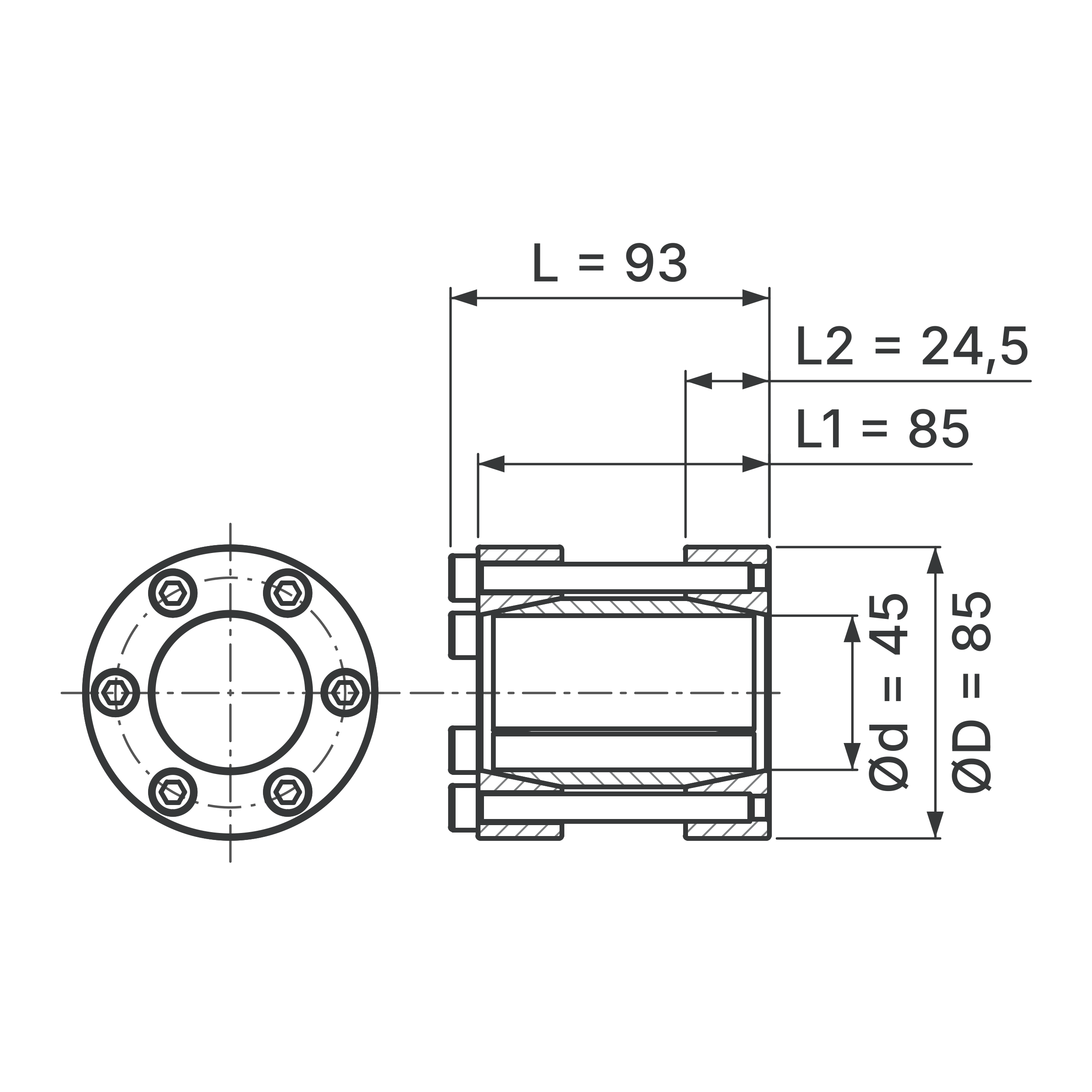 Maßskizze Starre Wellenkupplung STW72-45x85: Wellen-Ø d (beide Wellen), Außen-Ø D, L, L1, L2 in mm, schematisch